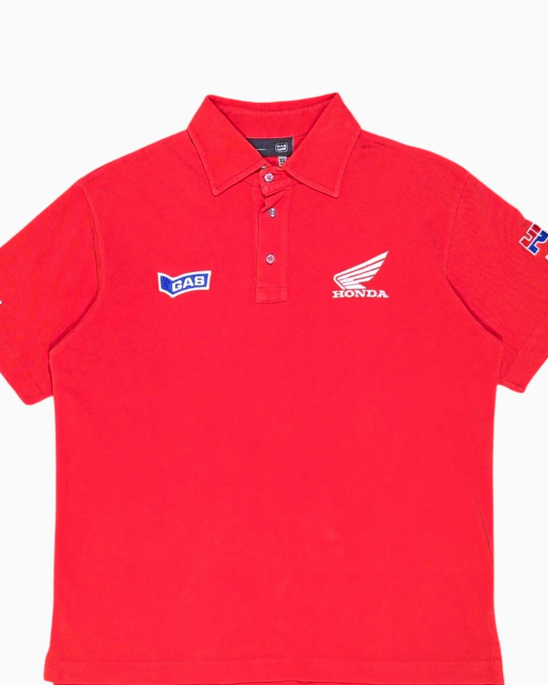 Front-detail-1 Pre-owned GAS Polo Shirt – Red with Honda Team Graphics