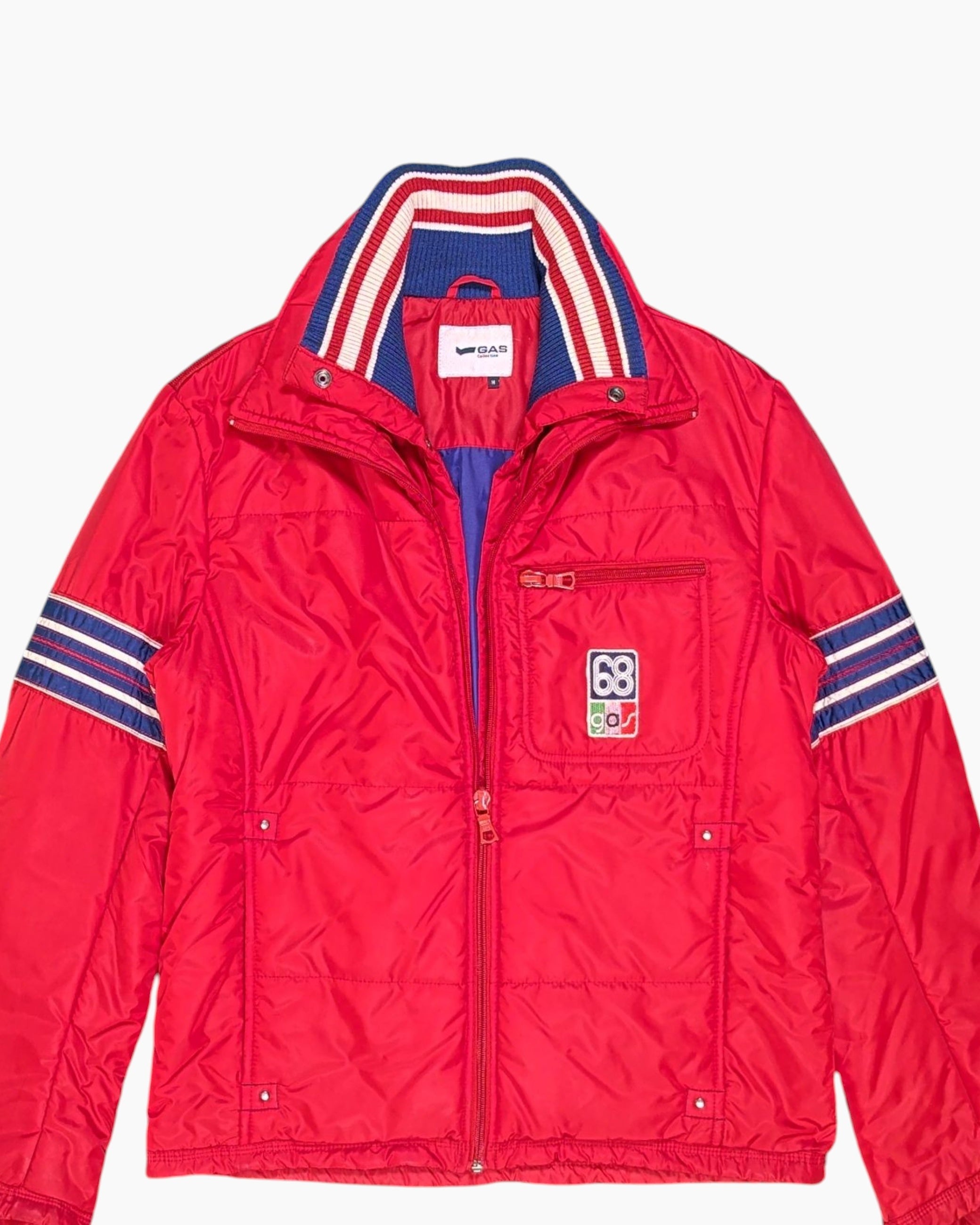 Front-detail-1 Vintage 90s/2000s GAS Puffer Jacket – Red with Striped Sleeve Detail