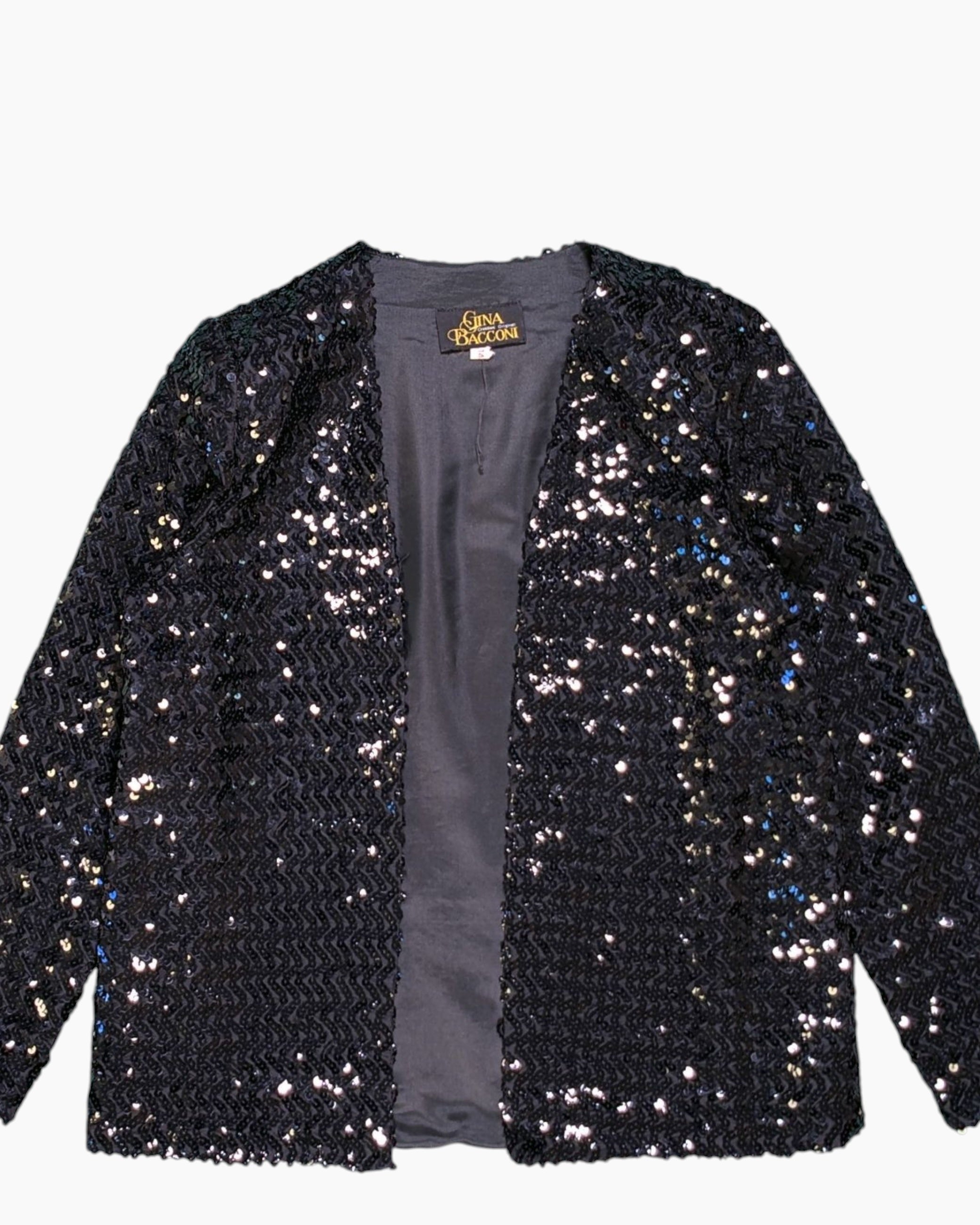 Front-detail-1 Vintage 80s/90s Gina Bacconi Sequin Jacket – Black Chevron Sequin