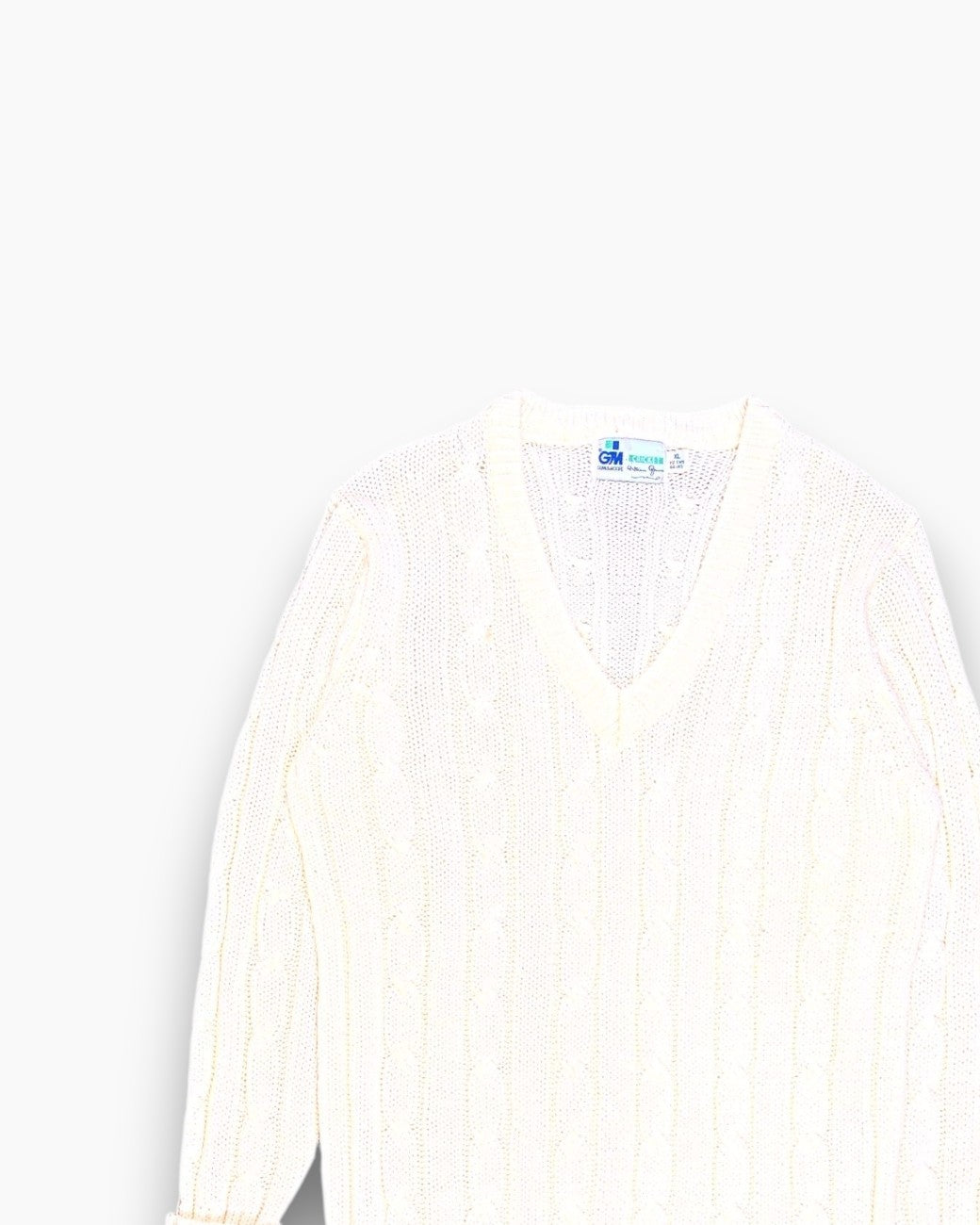 Front-detail-1 Vintage 80s/90s Gunn & Moore Cable Knit Sweater – Cream Cricket V-neck