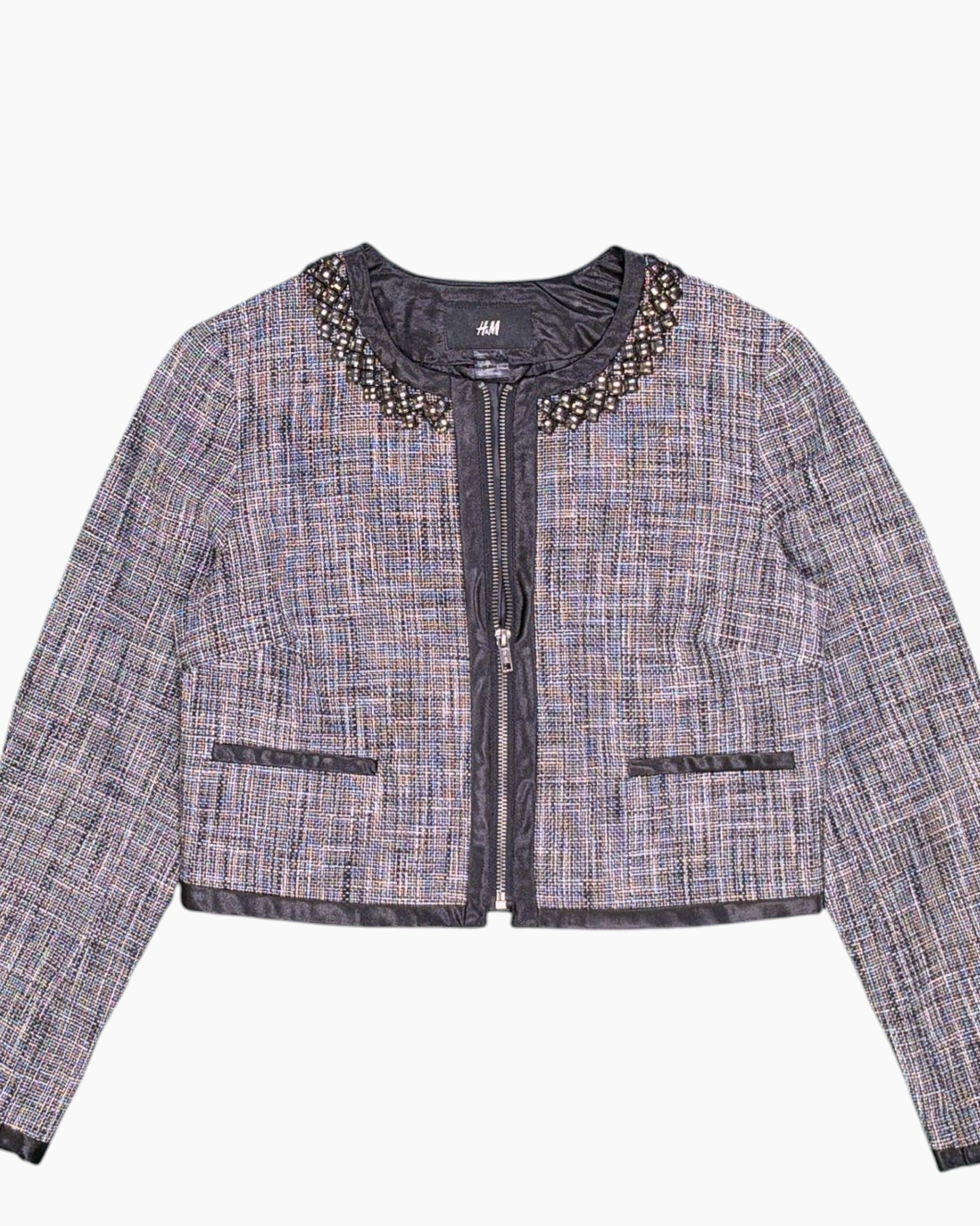 Front-detail-1 Pre-owned H&M Cropped Tweed Jacket – Multicolor Beaded Neckline