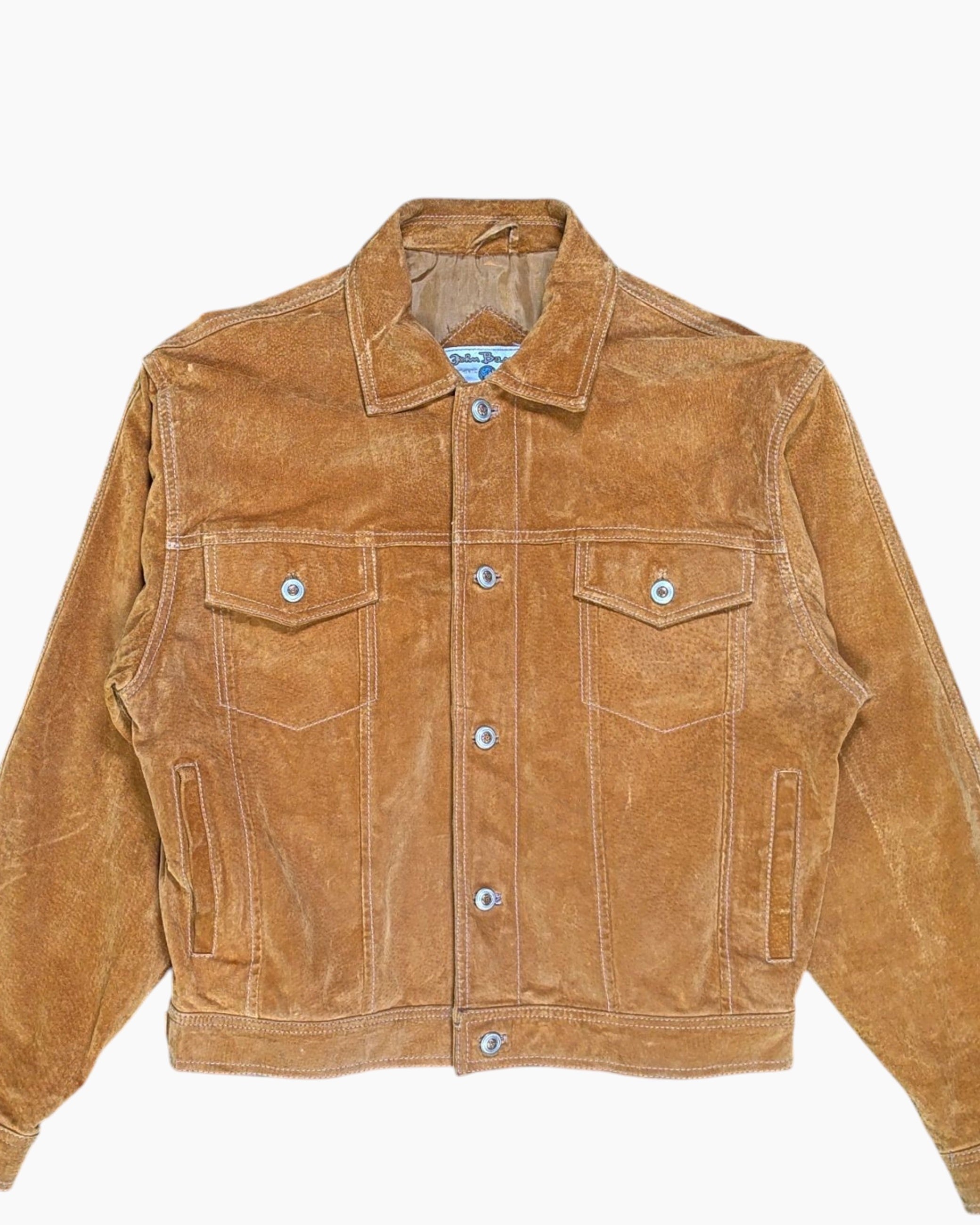 Front-detail-1 Vintage 90s John Baner Suede Trucker Jacket – Brown Boxy Cropped Fit