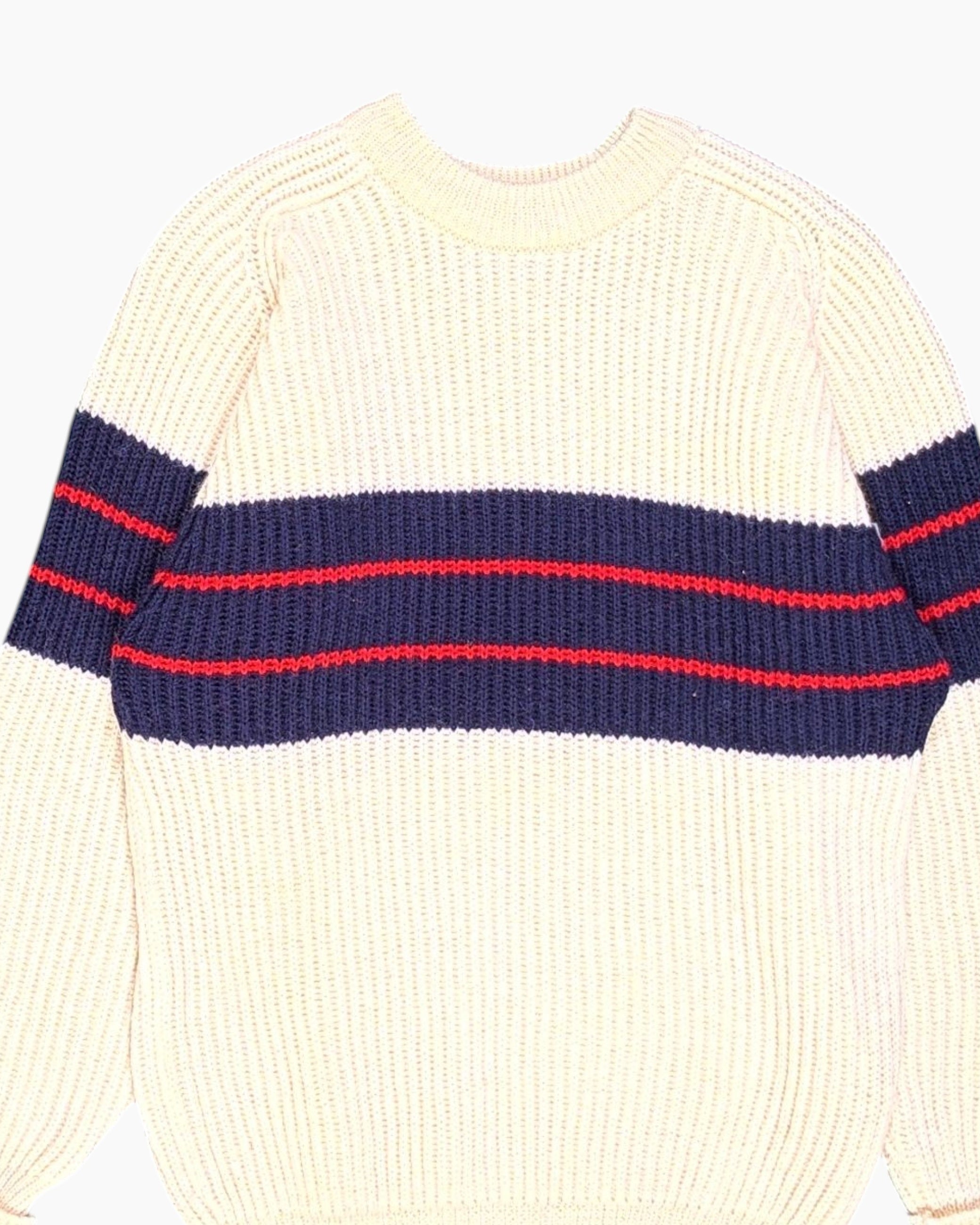 Front-detail-1 Vintage 80s/90s Kappa Sport Pullover Sweater – Cream with Navy/Red Stripes