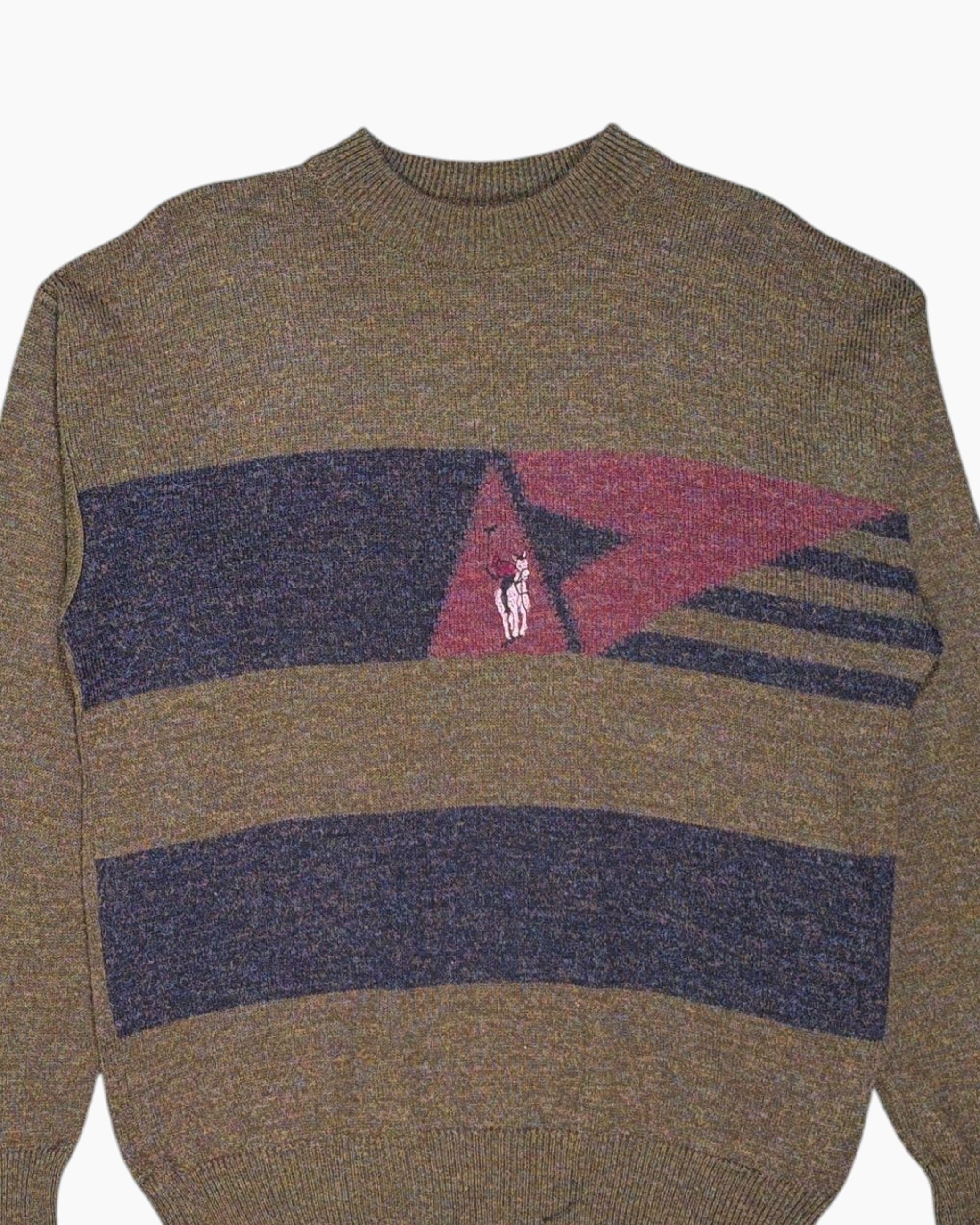 Front-detail-1 Vintage 80s KappAhl Pullover Sweater – Brown Olive Geometric Panel