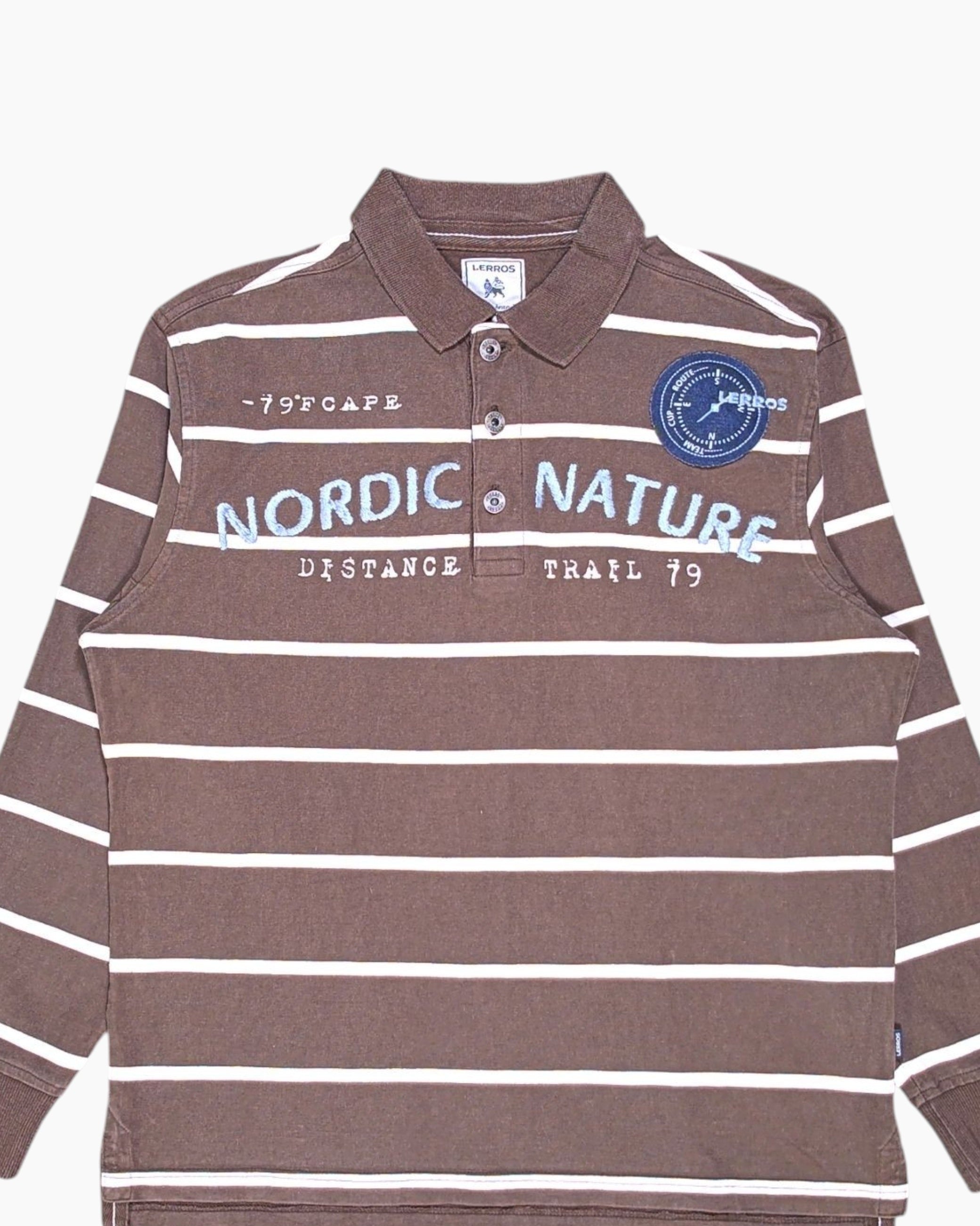 Front-detail-1 Pre-owned L. ERROS Polo Shirt – Brown Striped Chest Patch