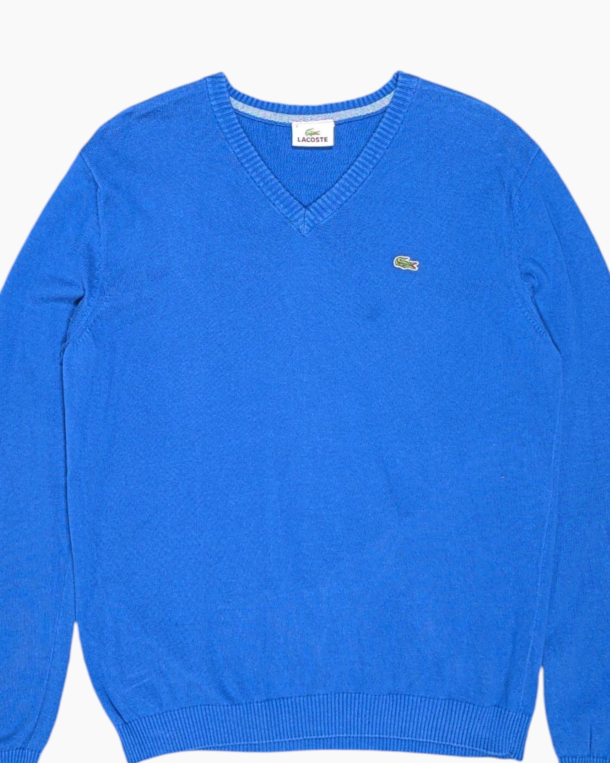 Front-detail-1 Vintage 90s/2000s LACOSTE Pullover Sweater – Blue V‑neck with Crocodile