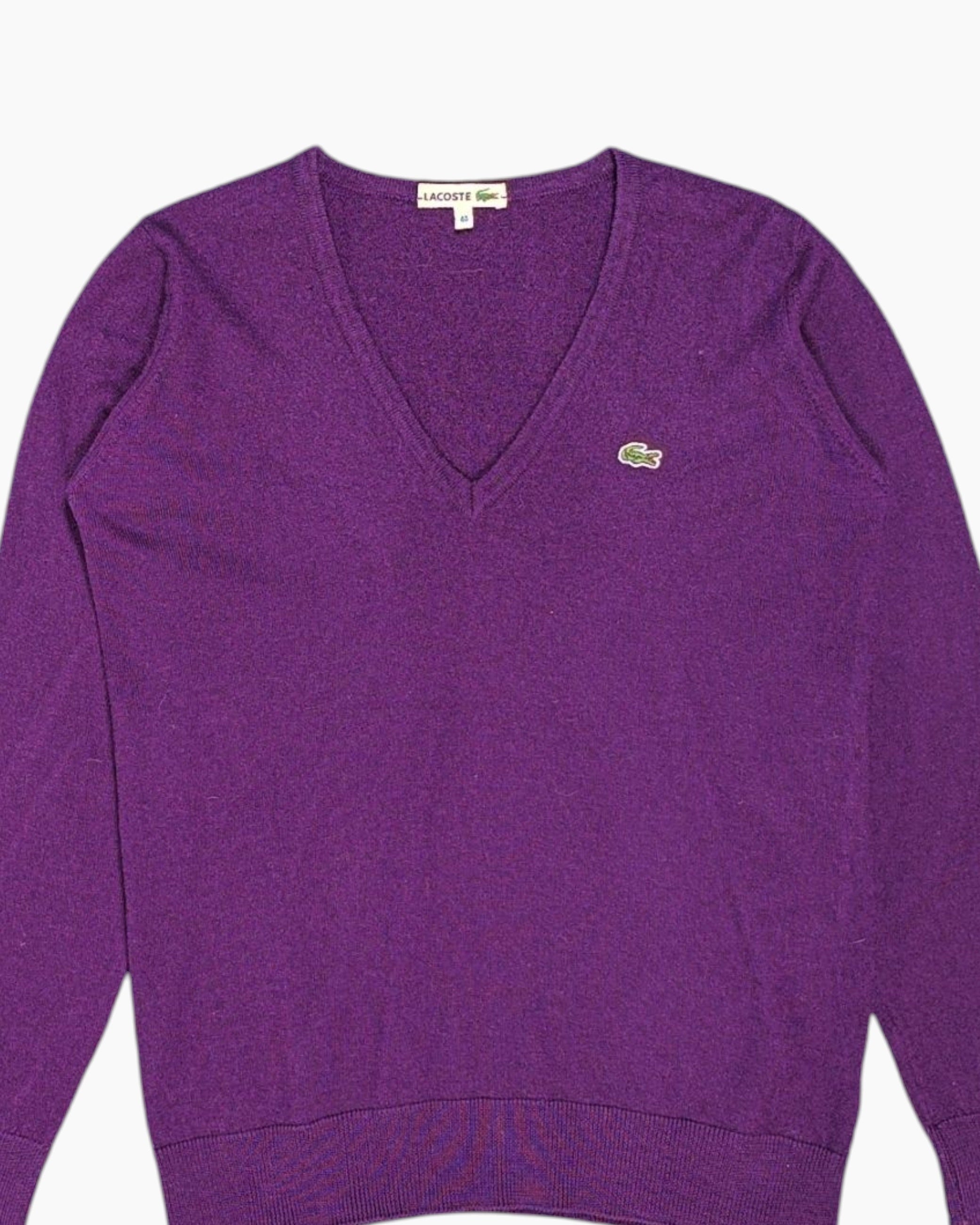 Front-detail-1 Vintage 80s/90s LACOSTE V-Neck Sweater – Purple Crocodile Patch