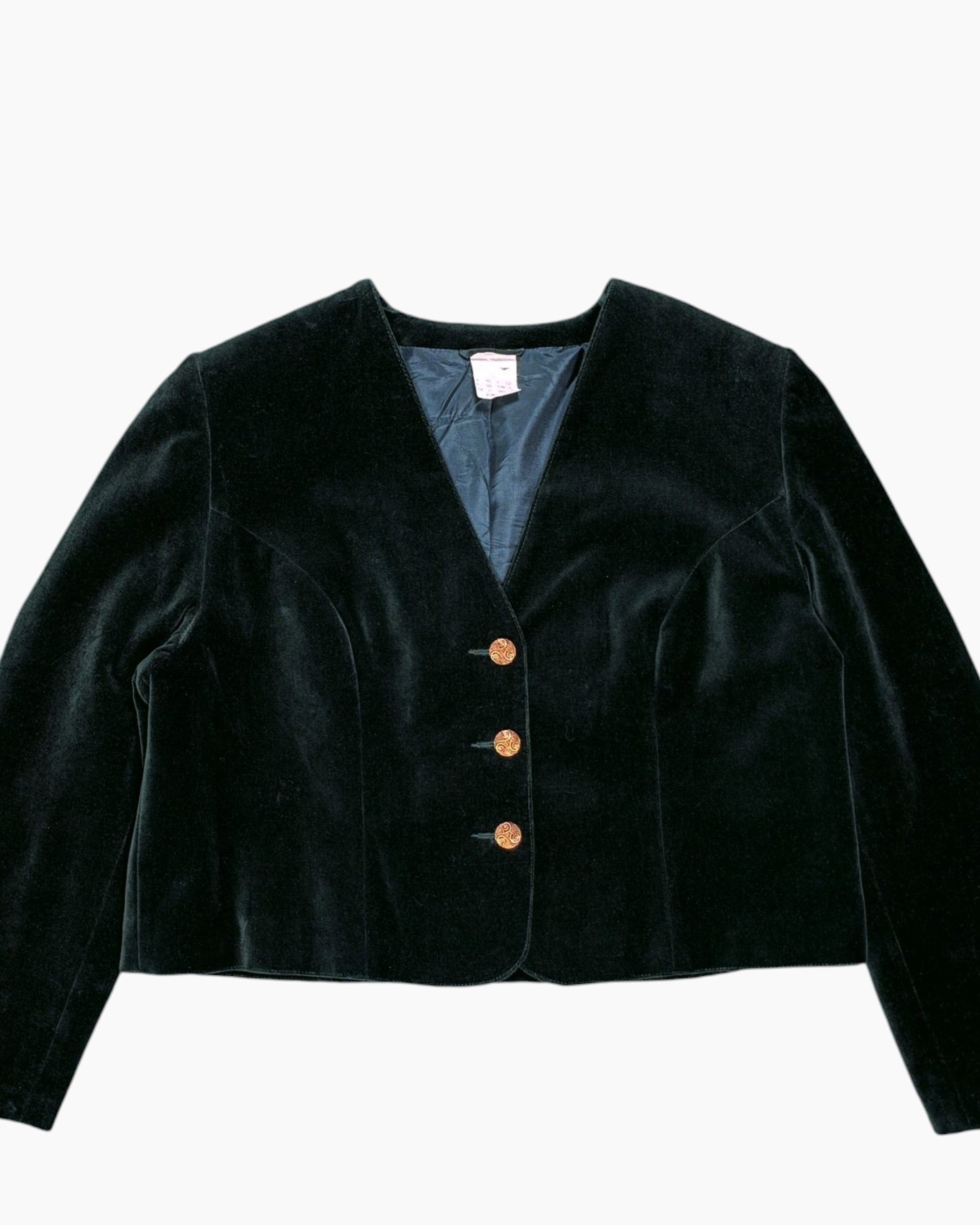 Front-detail-1 Vintage 80s/90s LADY H. Velvet Blazer – Green with Gold Buttons