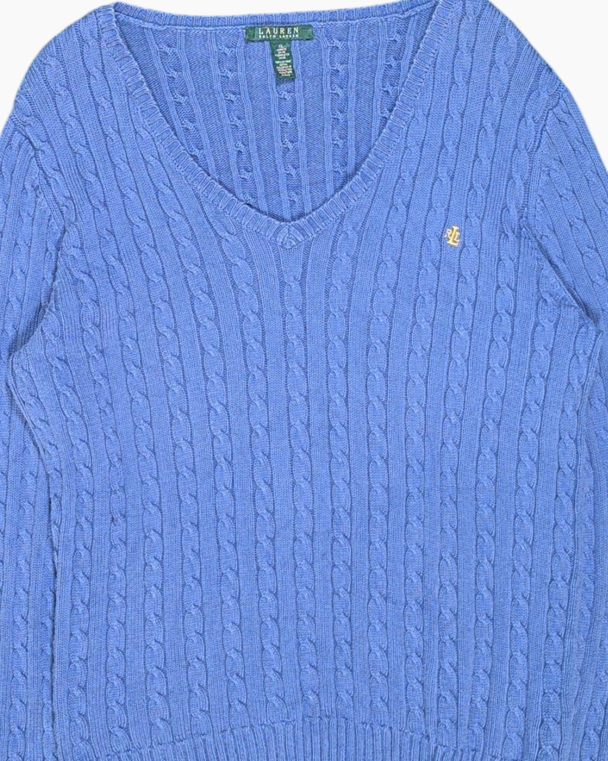 Front-detail-1 Vintage Y2K LAUREN RALPH LAUREN Pullover Sweater – Blue Cable Knit