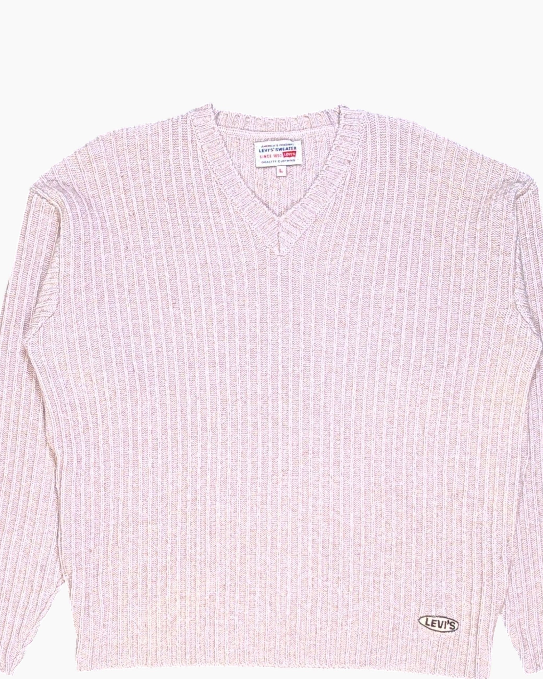 Front Detail 1 Vintage 80s/90s Levi's Pullover Sweater – Cream Rib Knit V‑Neck