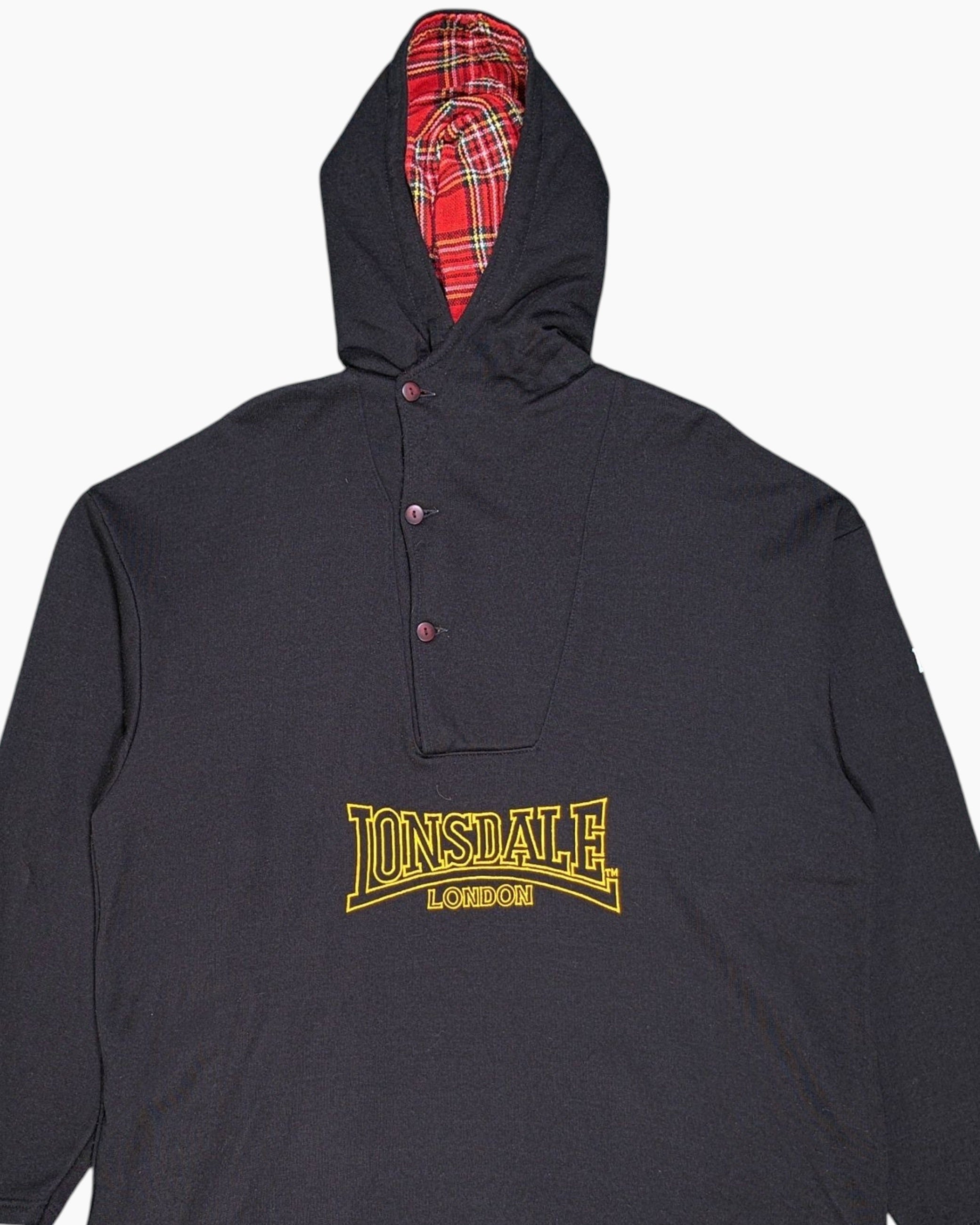 Front-detail-1 Vintage 80s/90s Lonsdale London Pullover Hoodie – Black Tartan Lining