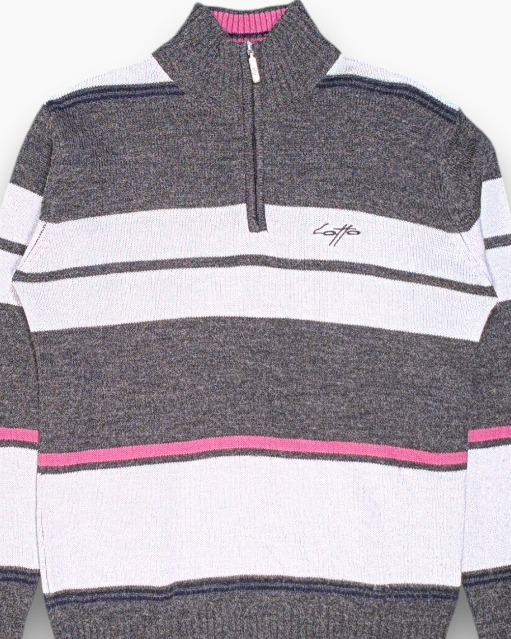 Front-detail-1 Vintage Y2K Lotto Pullover Sweater (half-zip) – Gray Striped