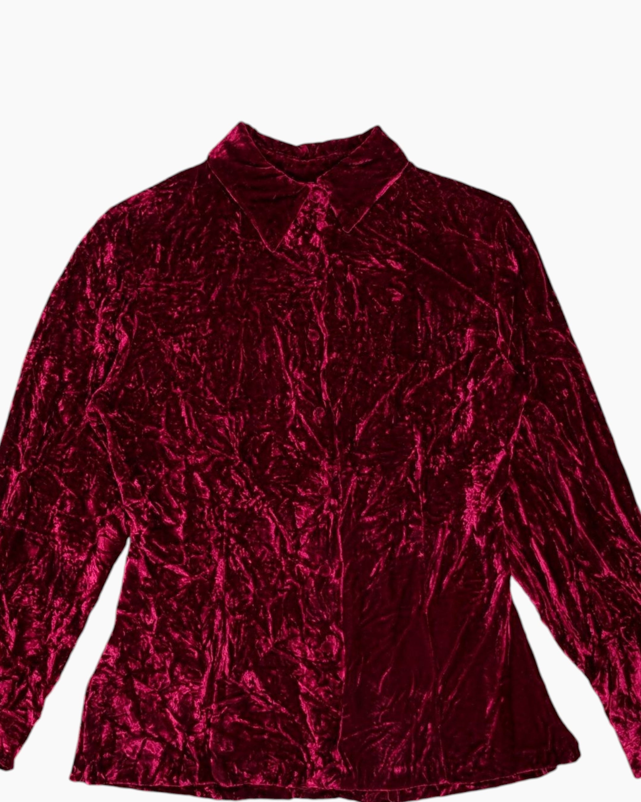 Front-detail-1 Vintage 90s MERONA Long Sleeve Velvet Top – Red Mock Neck