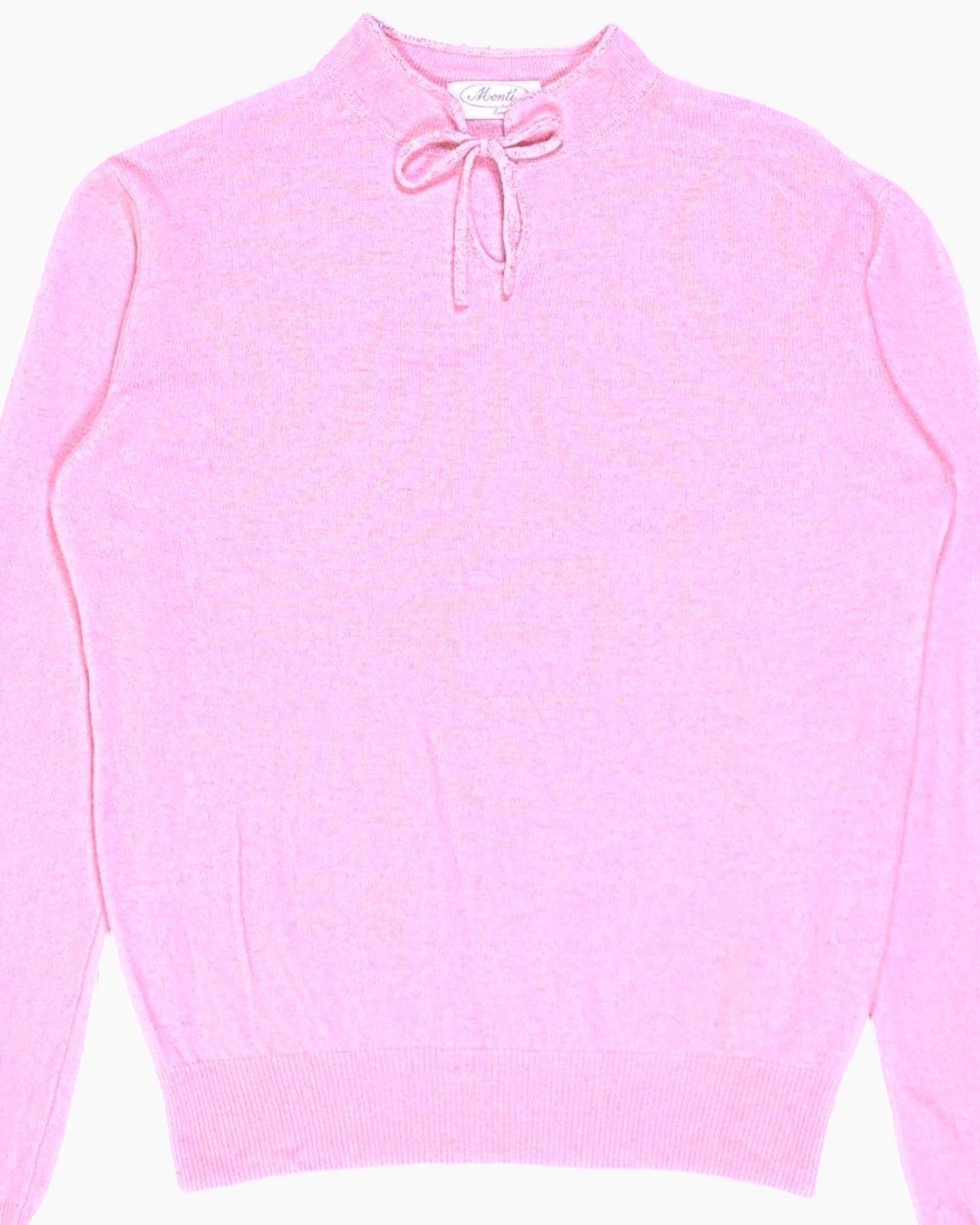 Front-detail-1 Vintage Y2K Minotti Pullover Sweater – Pink Cropped Tie-Neck