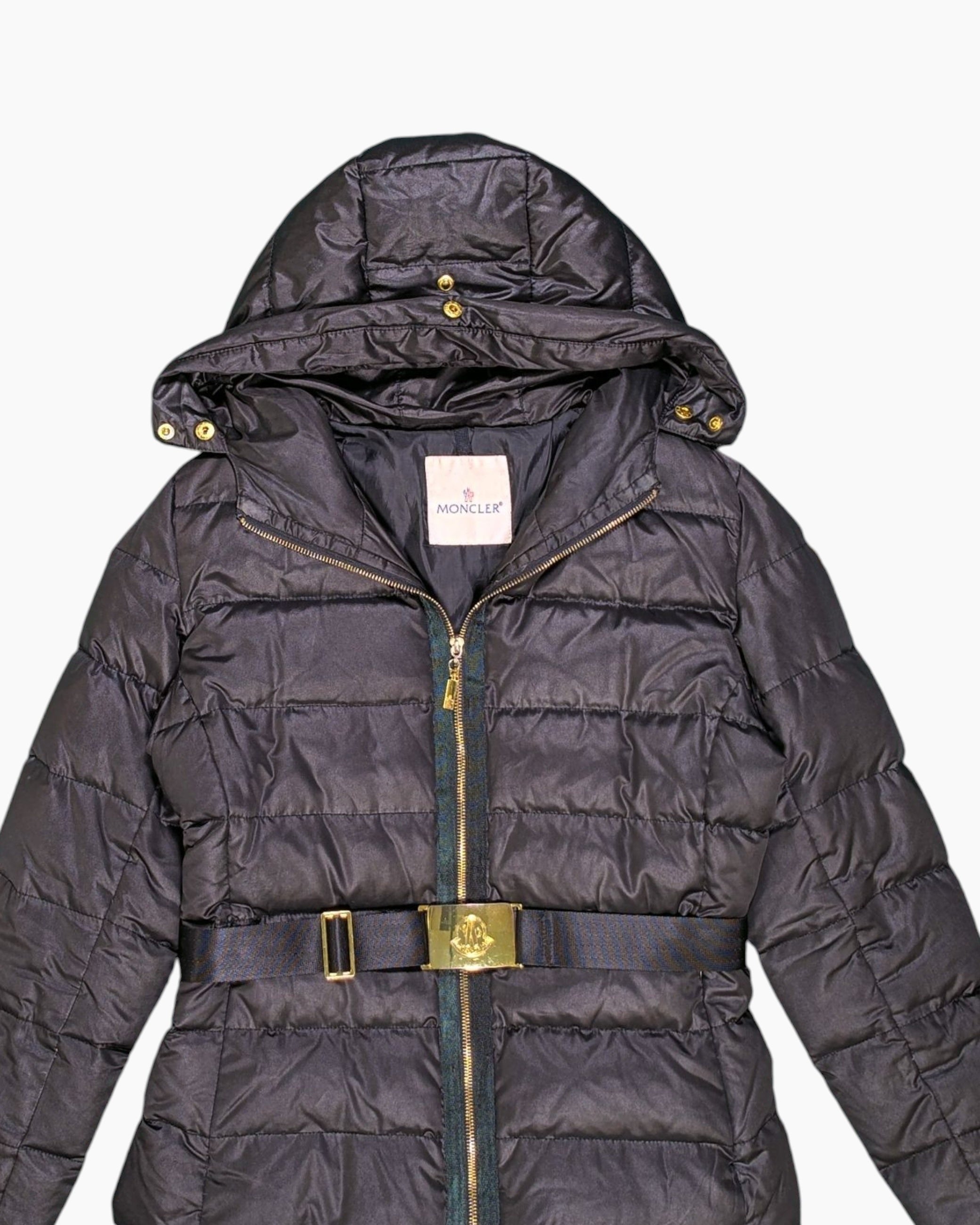 Front-detail-1 Vintage 2000s MONCLER Puffer Jacket – Black Quilted Belted