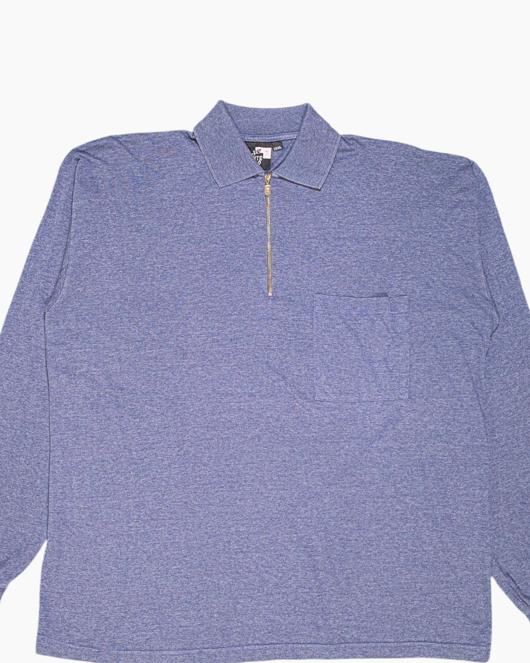 Front-detail-1 Vintage 80s/90s Monte Carlo Pullover Sweater – Blue Half-Zip Patch Pocket