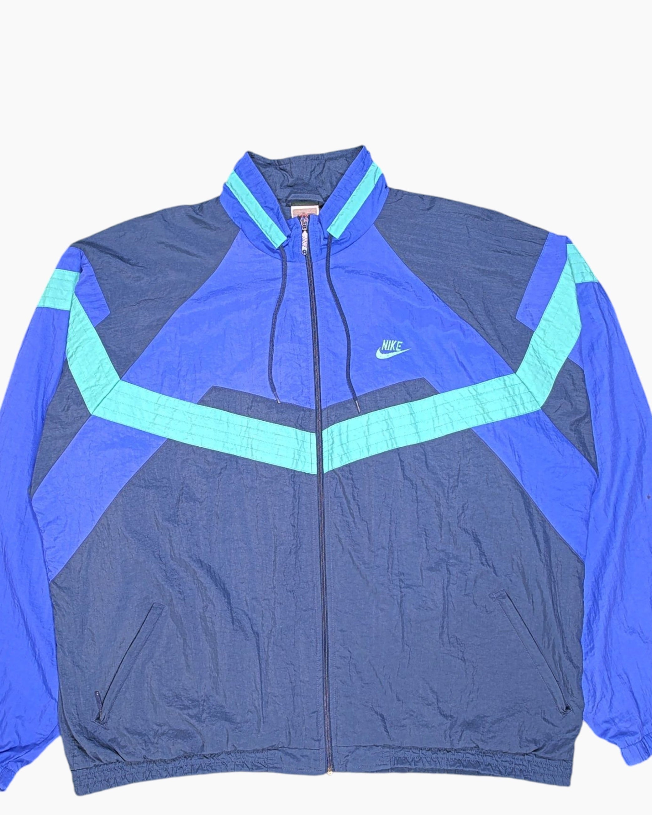Front-detail-1 Vintage 80s/90s Nike Windbreaker Jacket – Blue Geometric Colorblock