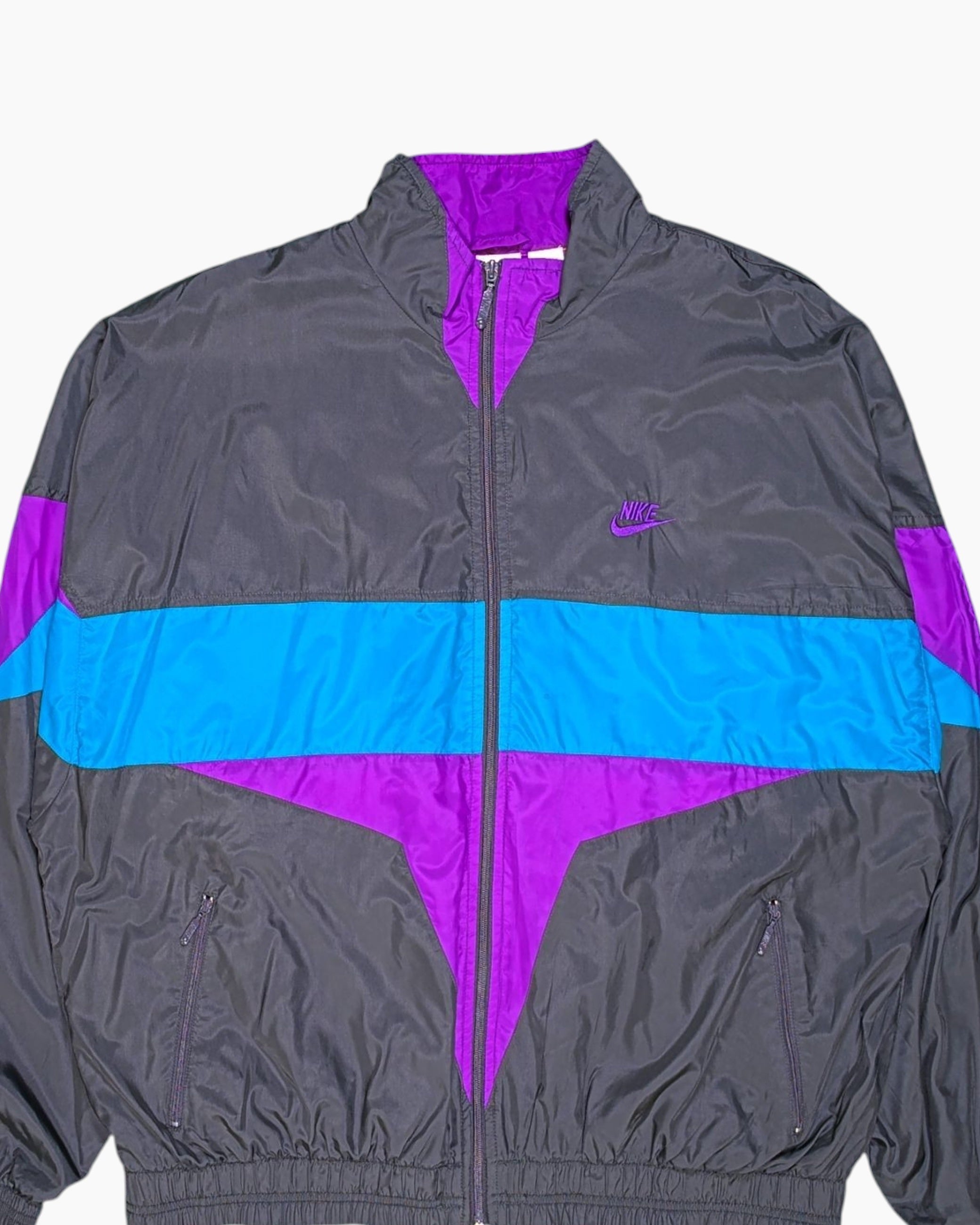 Front-detail-1 Vintage 80s/90s Nike Windbreaker Jacket – Purple Teal Diagonal Block