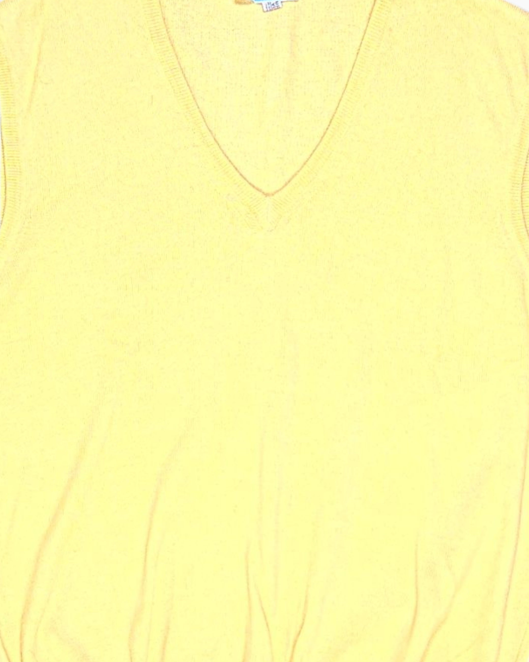 Front-detail-1 Vintage 80s OKAÏDI Sweater Vest – Yellow V‑neck Ribbed Hem