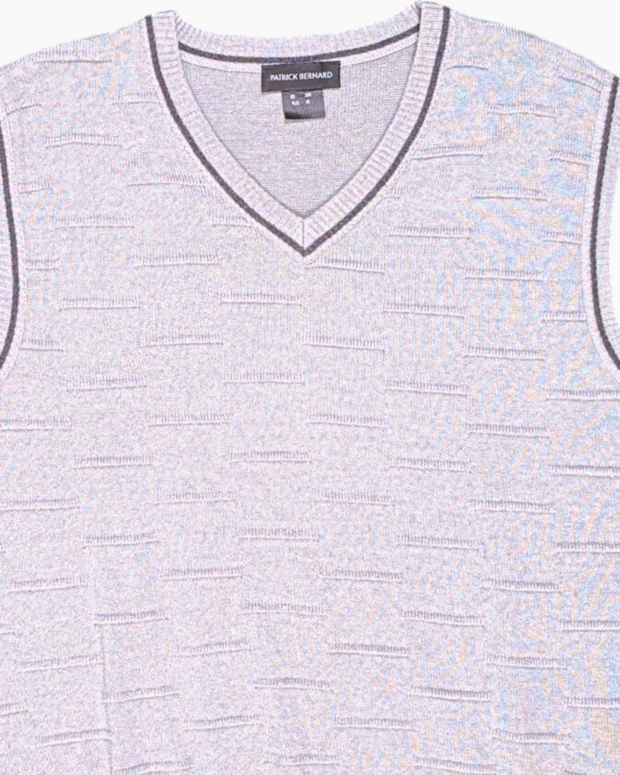 Front-detail-1 Pre-owned PATRICK BERNARD Knit Vest – Gray Striped Trim