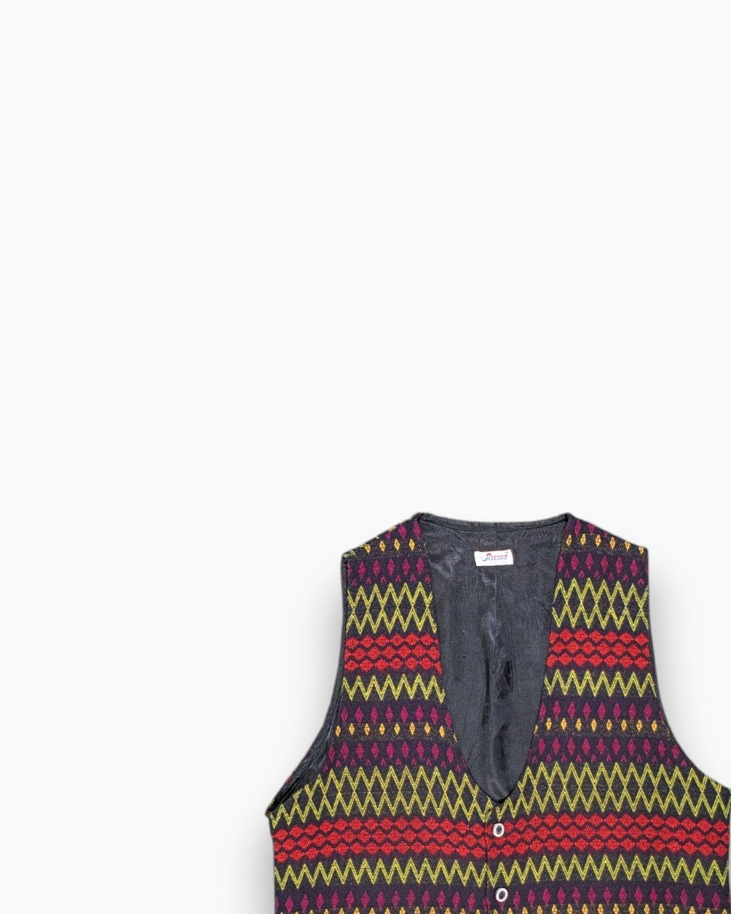 Front-detail-1 Vintage 80s/90s Platinum Vest – Multicolor Geometric Jacquard