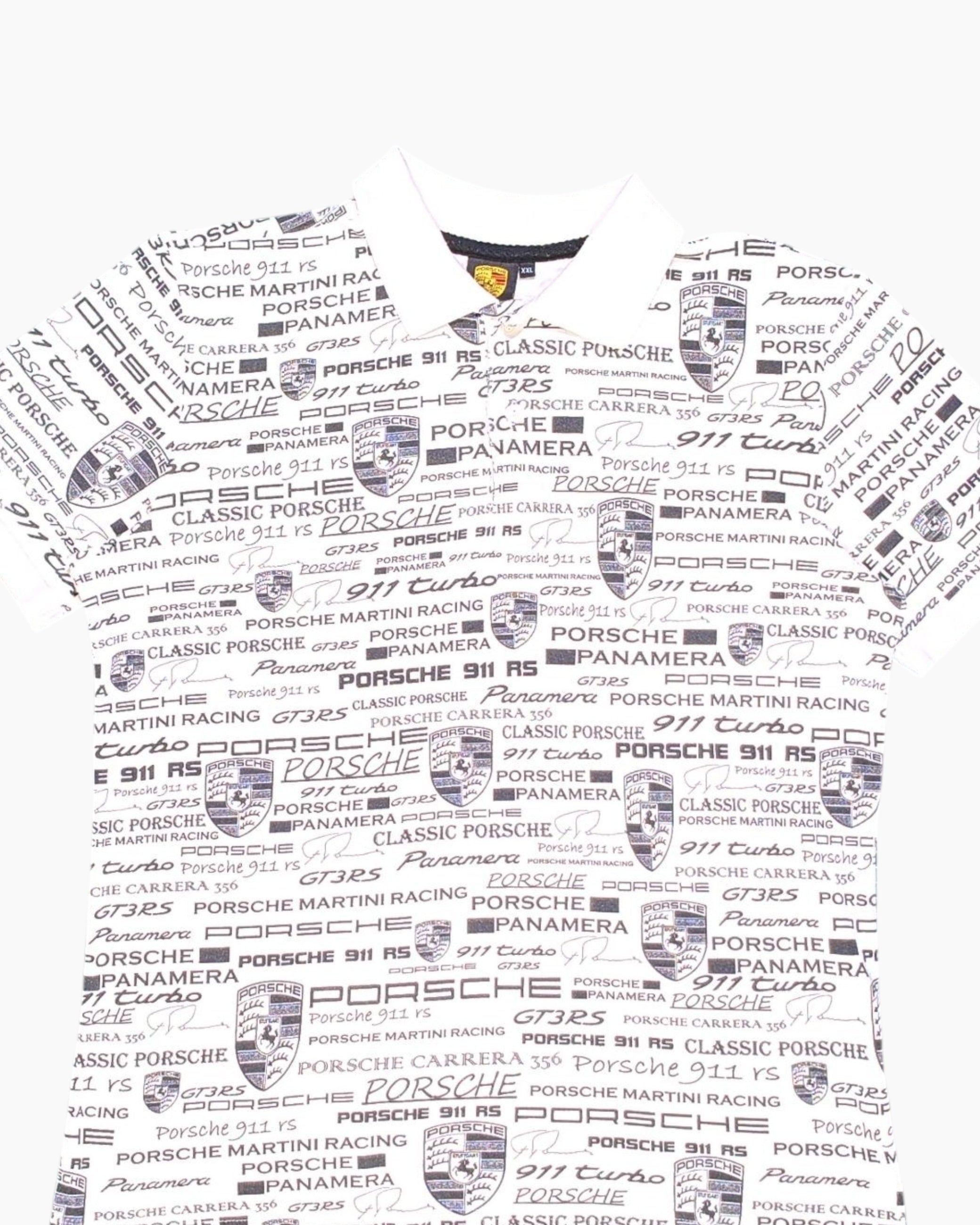 Front-detail-1 Vintage Y2K Porsche Graphic T-Shirt – White Allover Logo Print