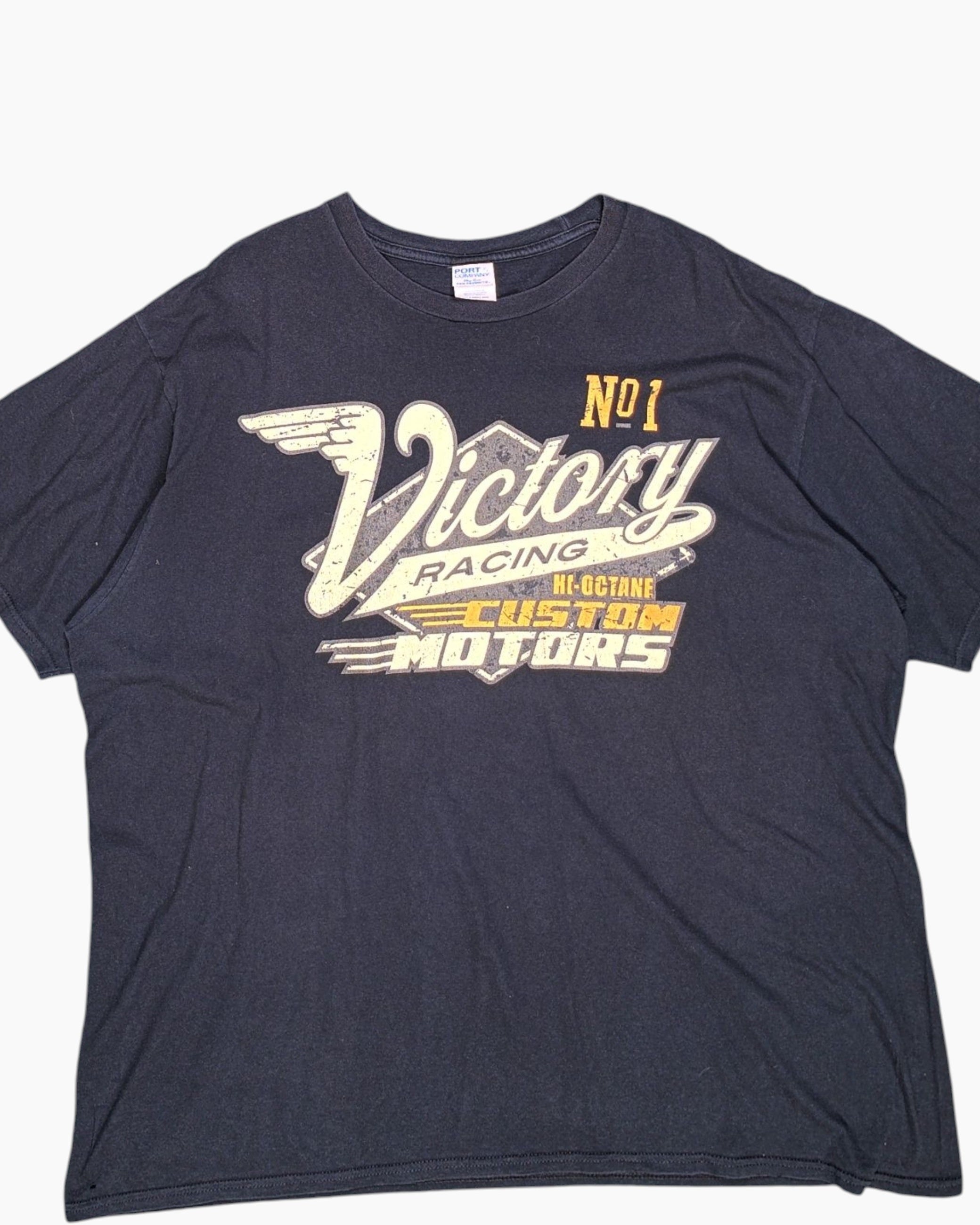 Front-detail-1 Pre-owned Port & Company Graphic T-Shirt – Black Faux-Distressed Racing Graphic