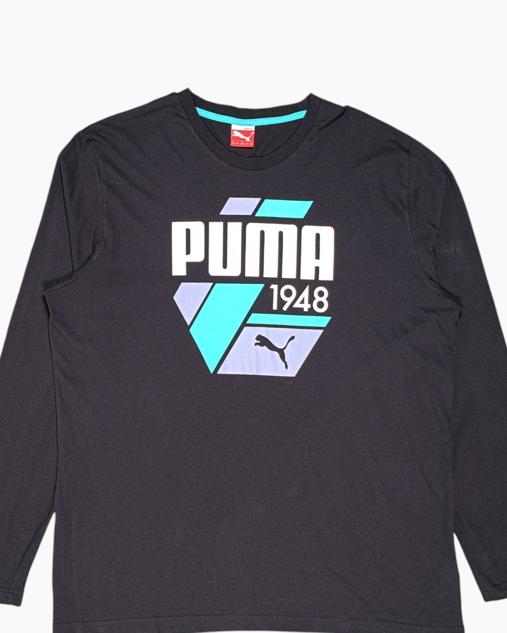 Front-detail-1 Pre-owned PUMA Graphic Long Sleeve T-Shirt – Black Front Graphic