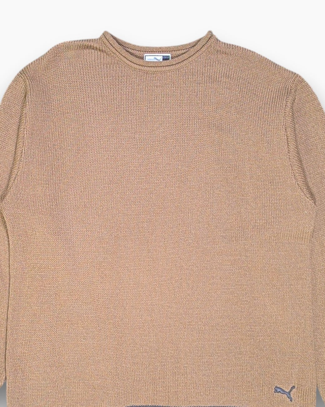 Front-detail-1 Vintage Y2K Puma Pullover Sweater – Brown Striped Trim