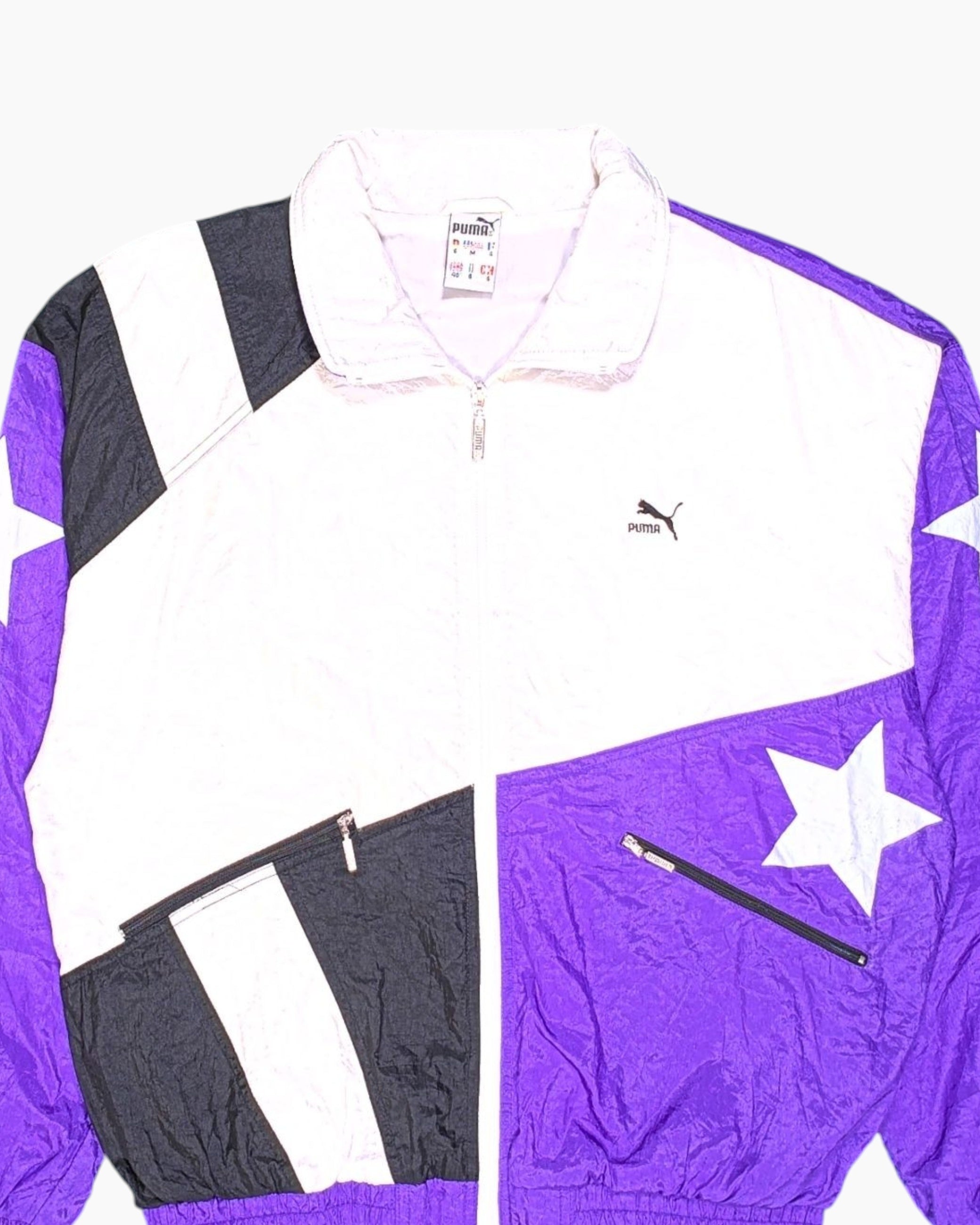 Front-detail-1 Vintage 80s/90s PUMA Windbreaker Jacket – Purple Colorblock Star Appliqué