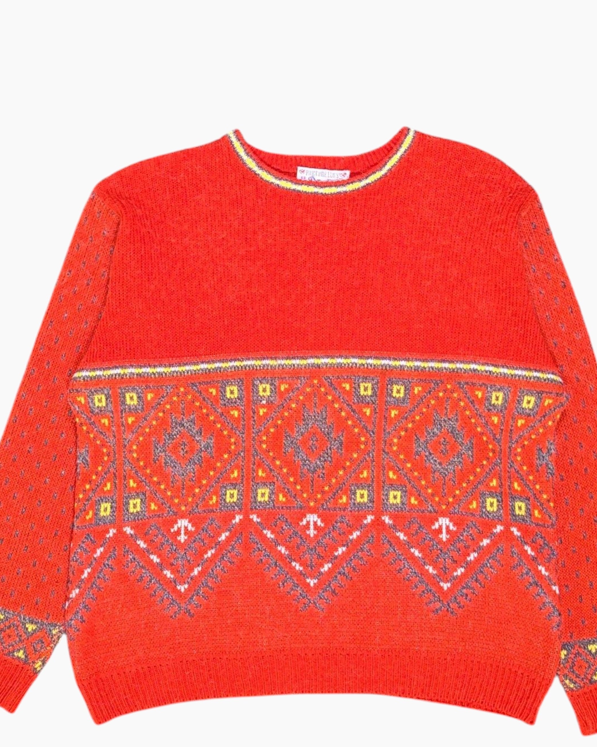 Front-detail-1 Vintage 80s/90s PURITORELLO'S Pullover Sweater – Red Intarsia Geometric