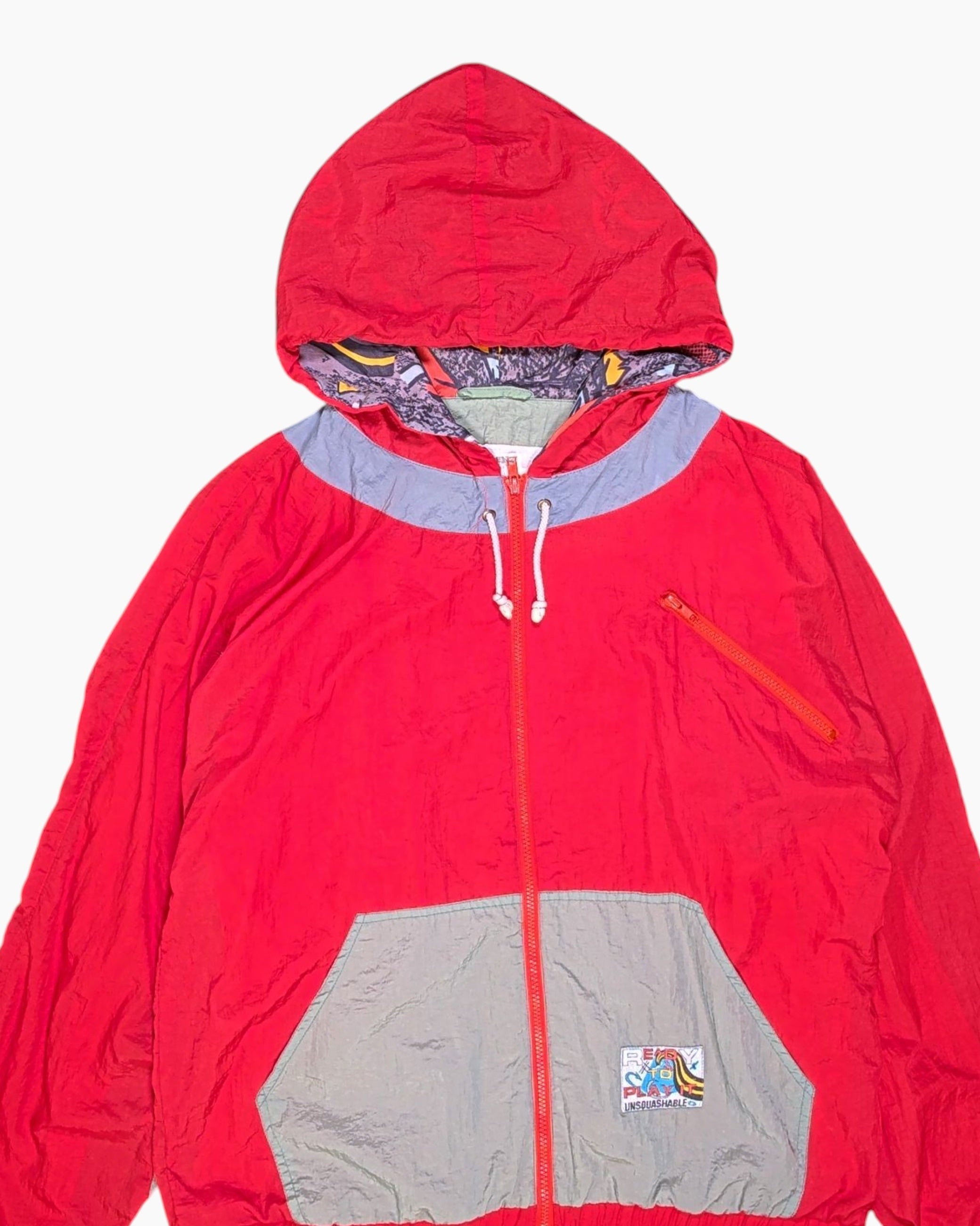 Front-detail-1 Vintage 80s/90s REAX Windbreaker Jacket – Red Graphic Back