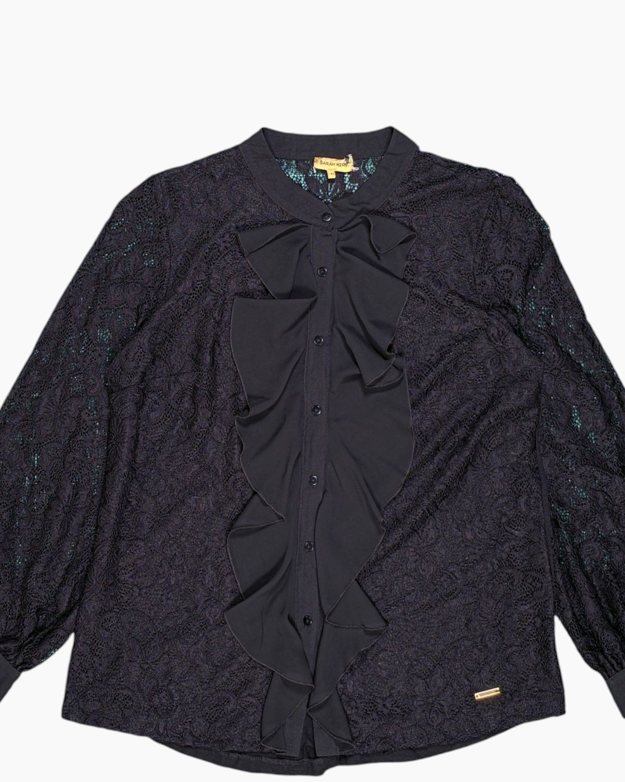 Front-detail-1 Pre-owned SARAH KERN Blouse – Black Ruffle & Lace (Size 42)