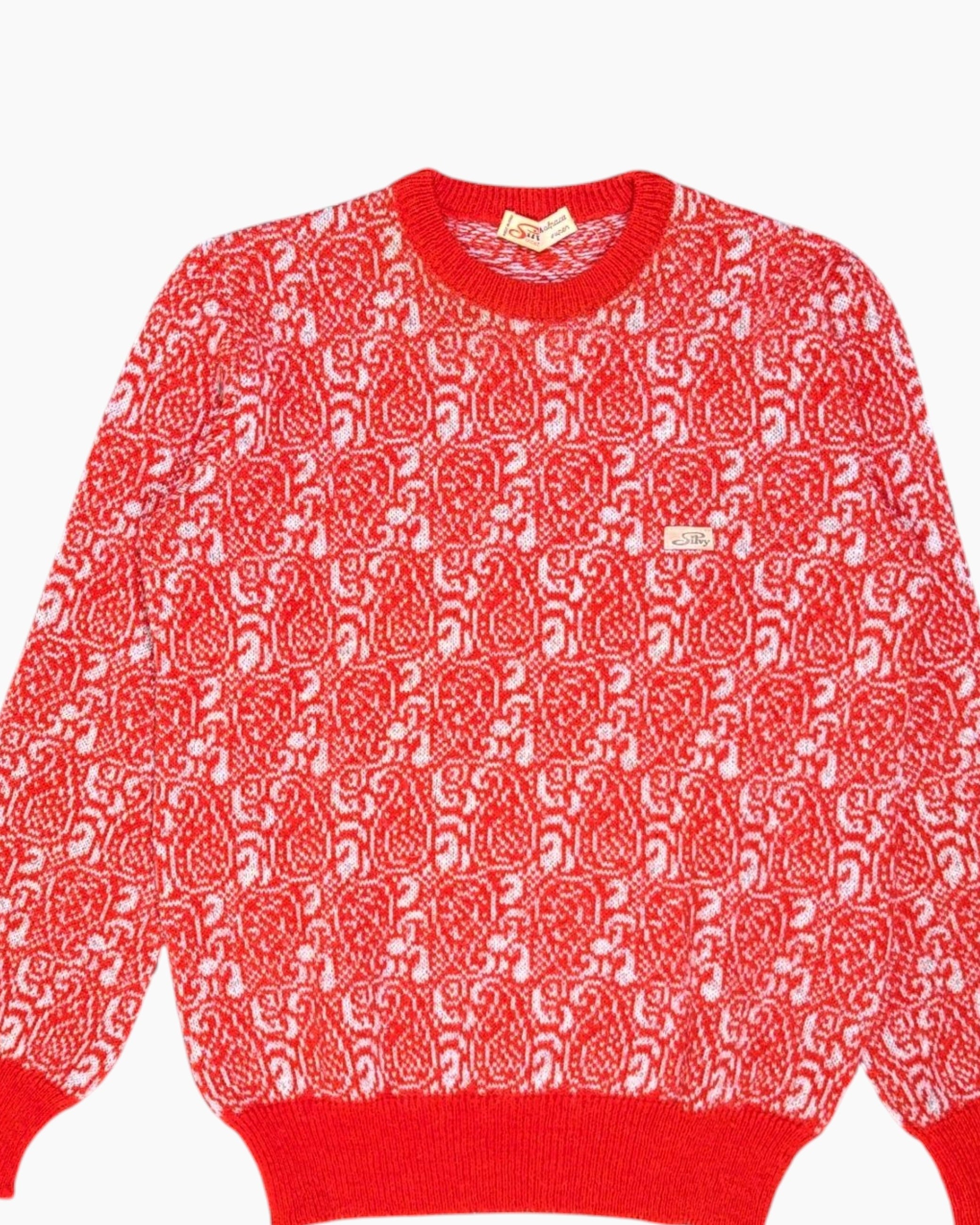 Front-detail-1 Vintage 80s Shivy Tricot Pullover Sweater – Red All-over Knit