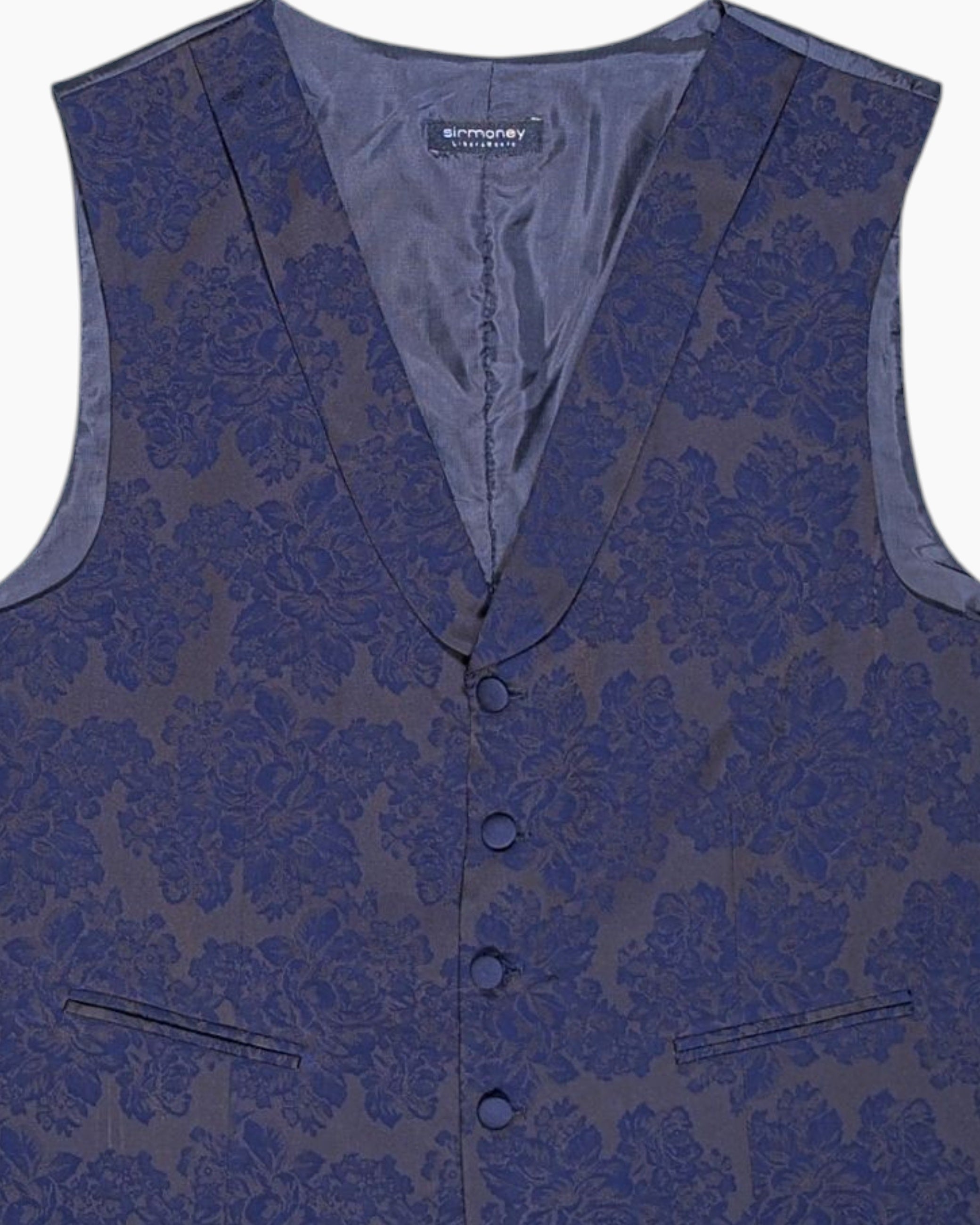 Front-detail-1 Pre-owned Sirmoney Waistcoat (Vest) – Navy Jacquard Floral