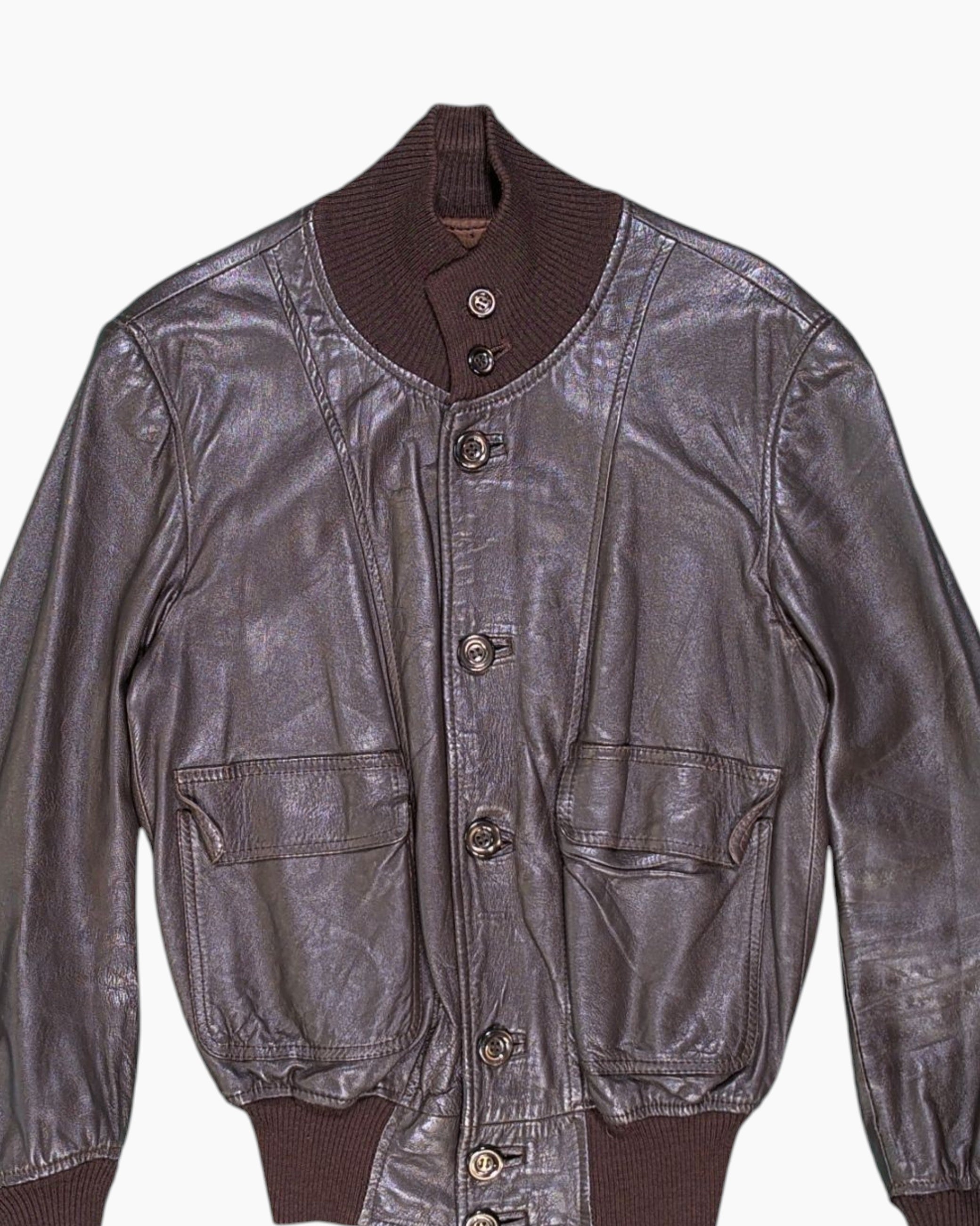 Front-detail-1 Vintage 70s Sporting Creations Bomber Jacket – Brown Ribbed Collar