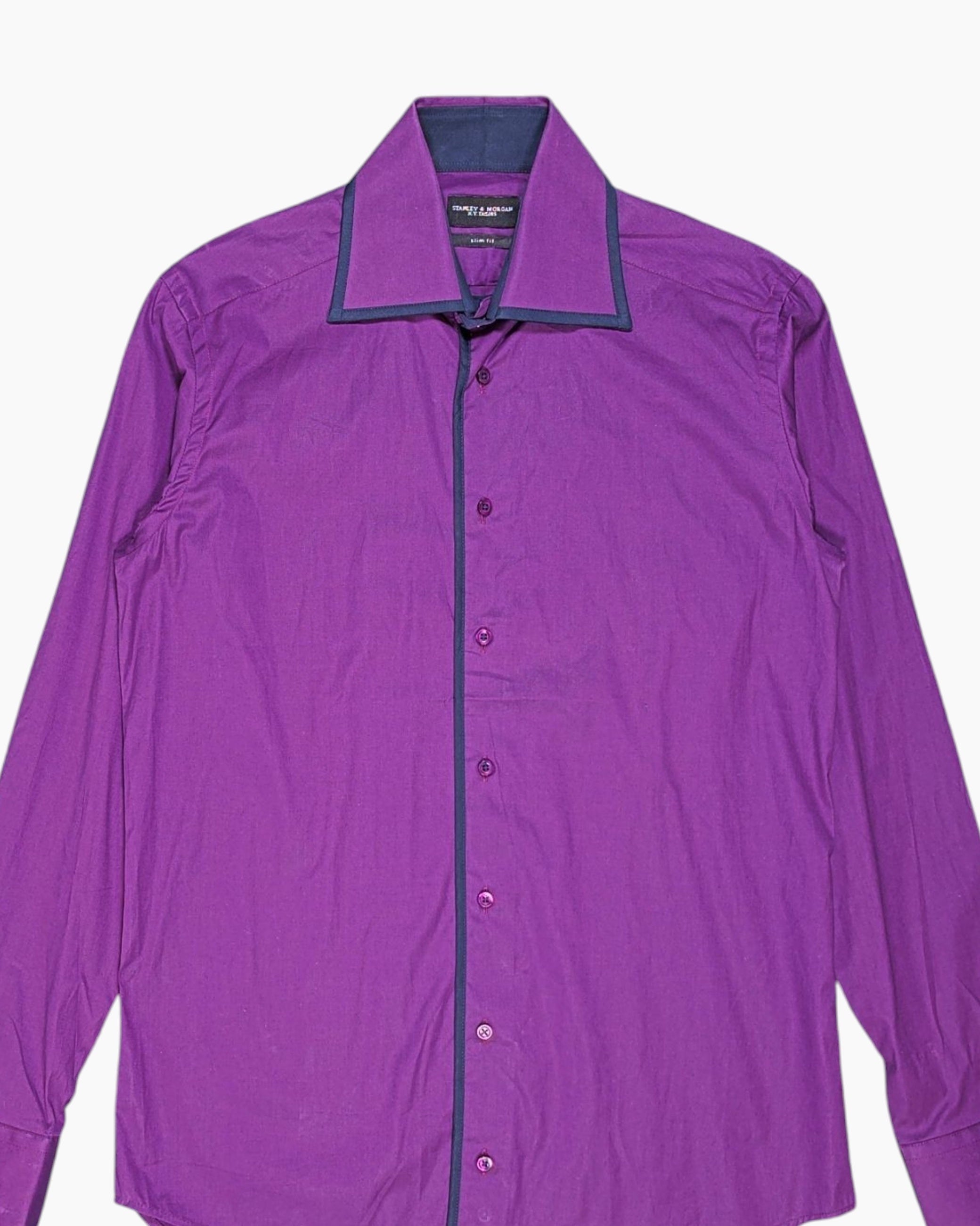 Front-detail-1 Pre-owned STANLEY & MORGAN Button-Down Shirt – Purple Contrast Trim