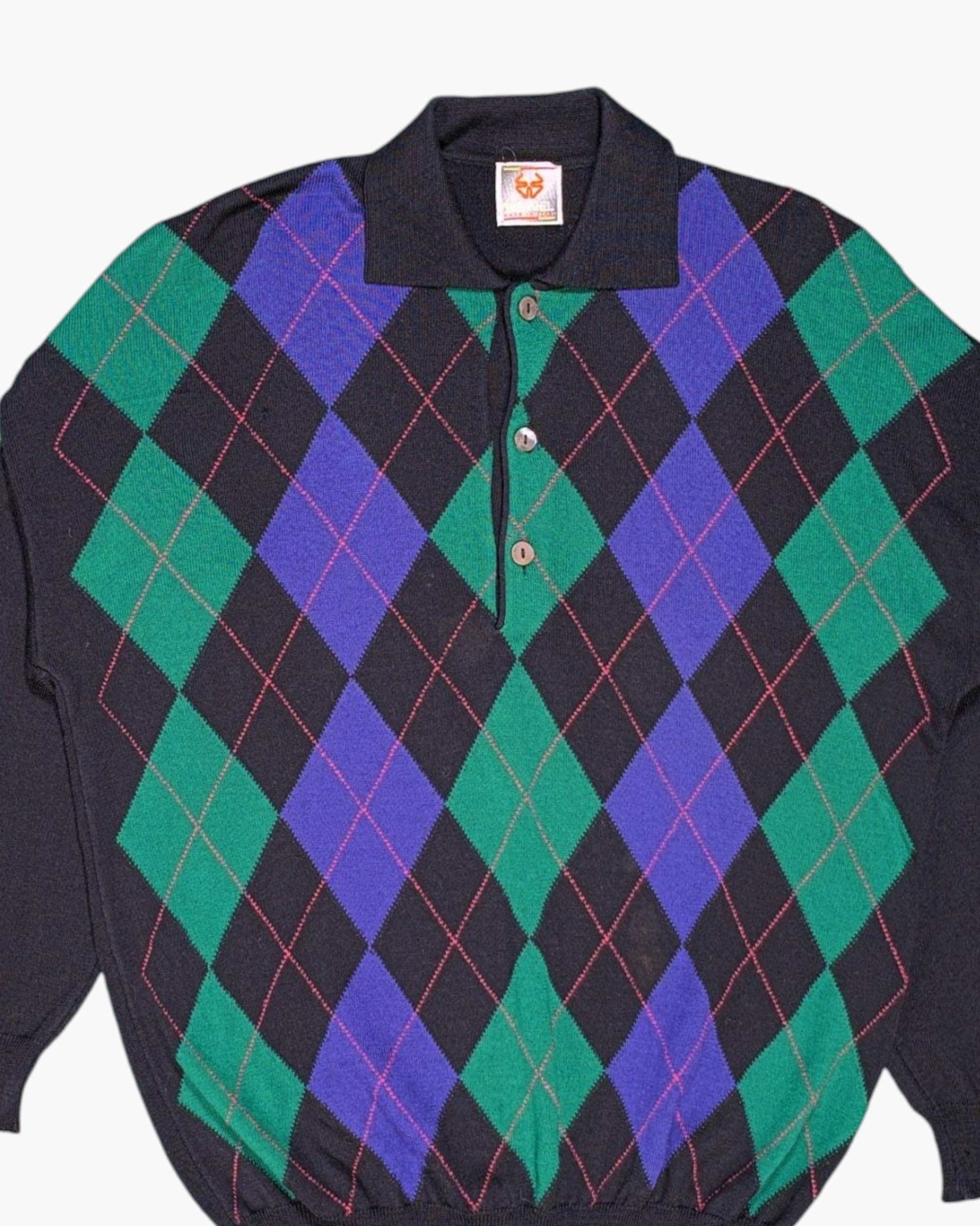 Front-detail-1 Vintage 80s/90s STEFANO Pullover Sweater – Black Argyle Front