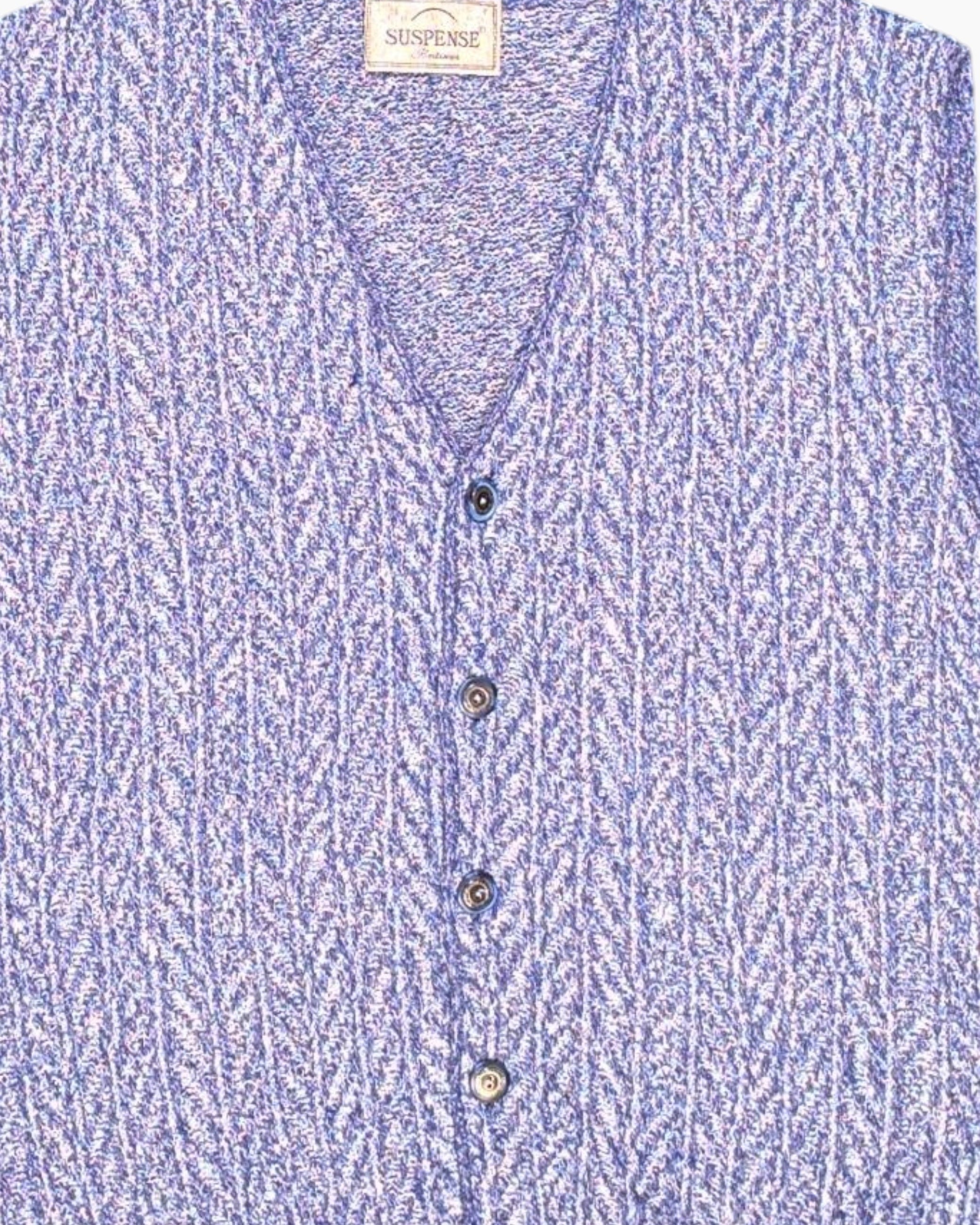 Front-detail-1 Vintage 80s/90s SUSPENSE Button-front Knit Vest – Marled Blue Chevron