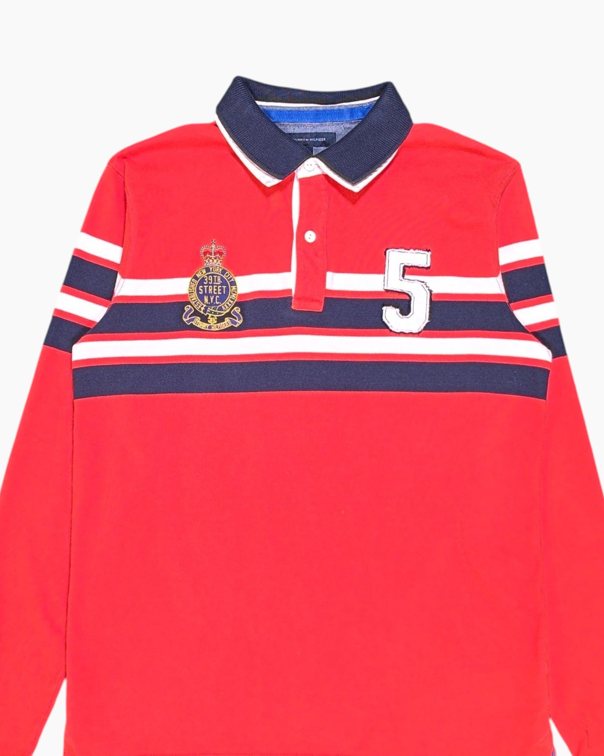 Front-detail-1 Pre-owned TOMMY HILFIGER Polo Shirt (Long Sleeve) – Red Striped Chest Panels