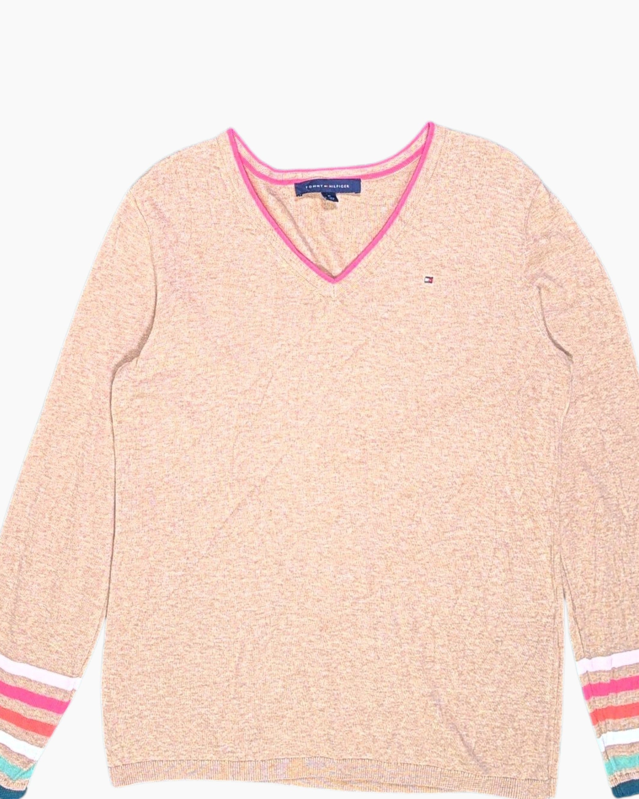 Front-detail-1 Pre-owned TOMMY HILFIGER Pullover Sweater – Beige V-neck with Contrast Trim