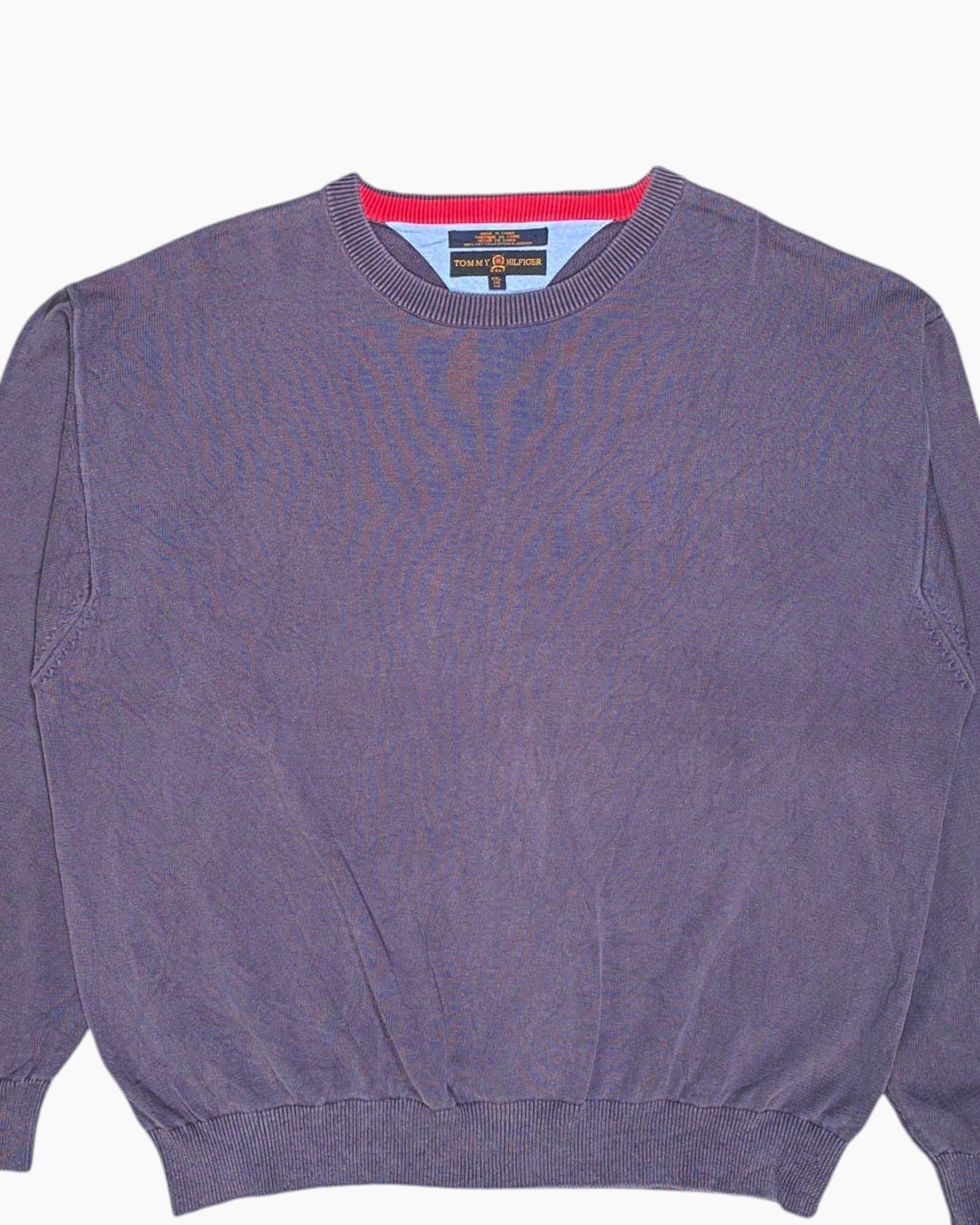 Front-detail-1 Vintage 90s/2000s Tommy Hilfiger Pullover Sweater – Gray Ribbed Crew