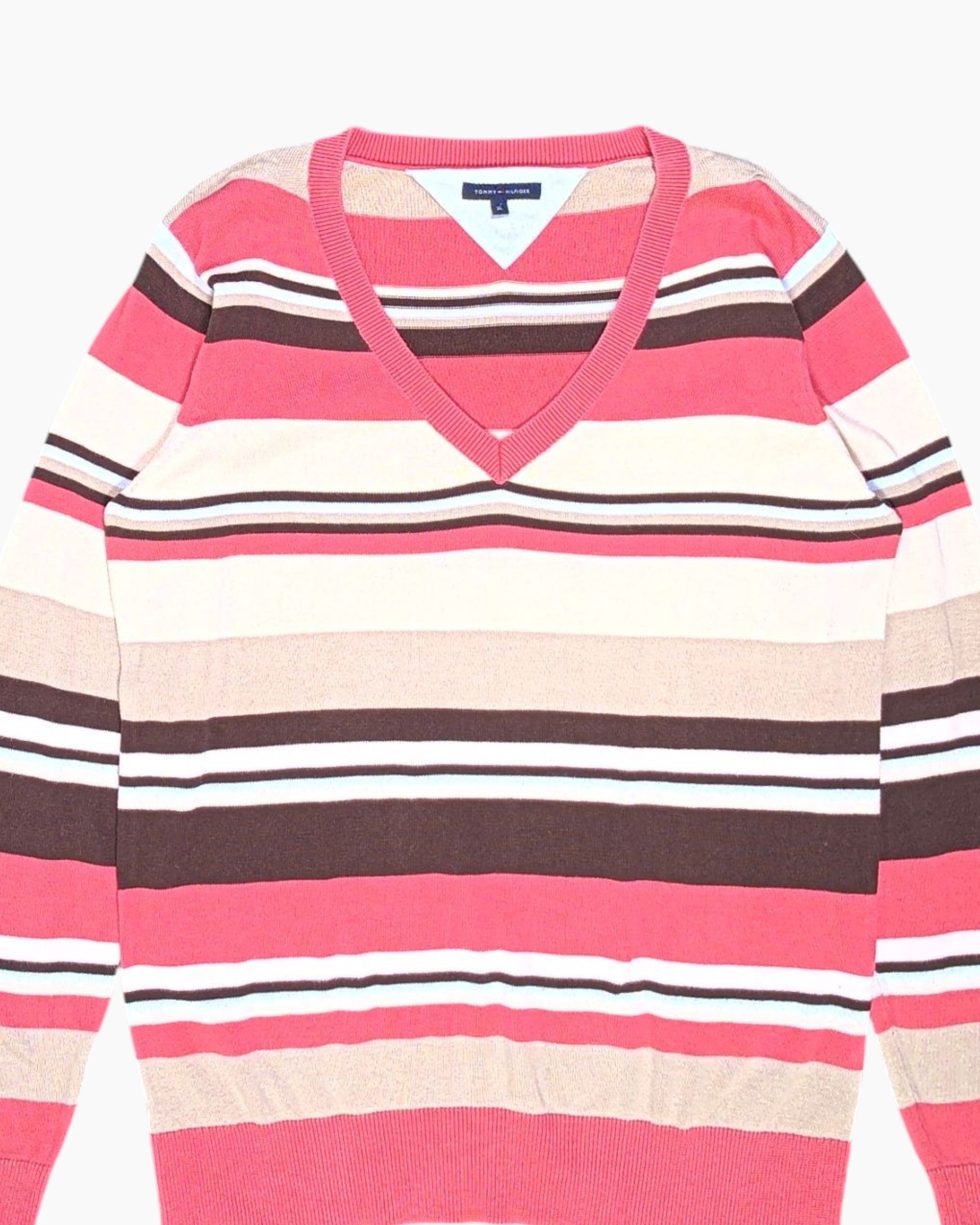 Front-detail-1 Pre-owned TOMMY HILFIGER Pullover Sweater – Multicolor Striped V-neck