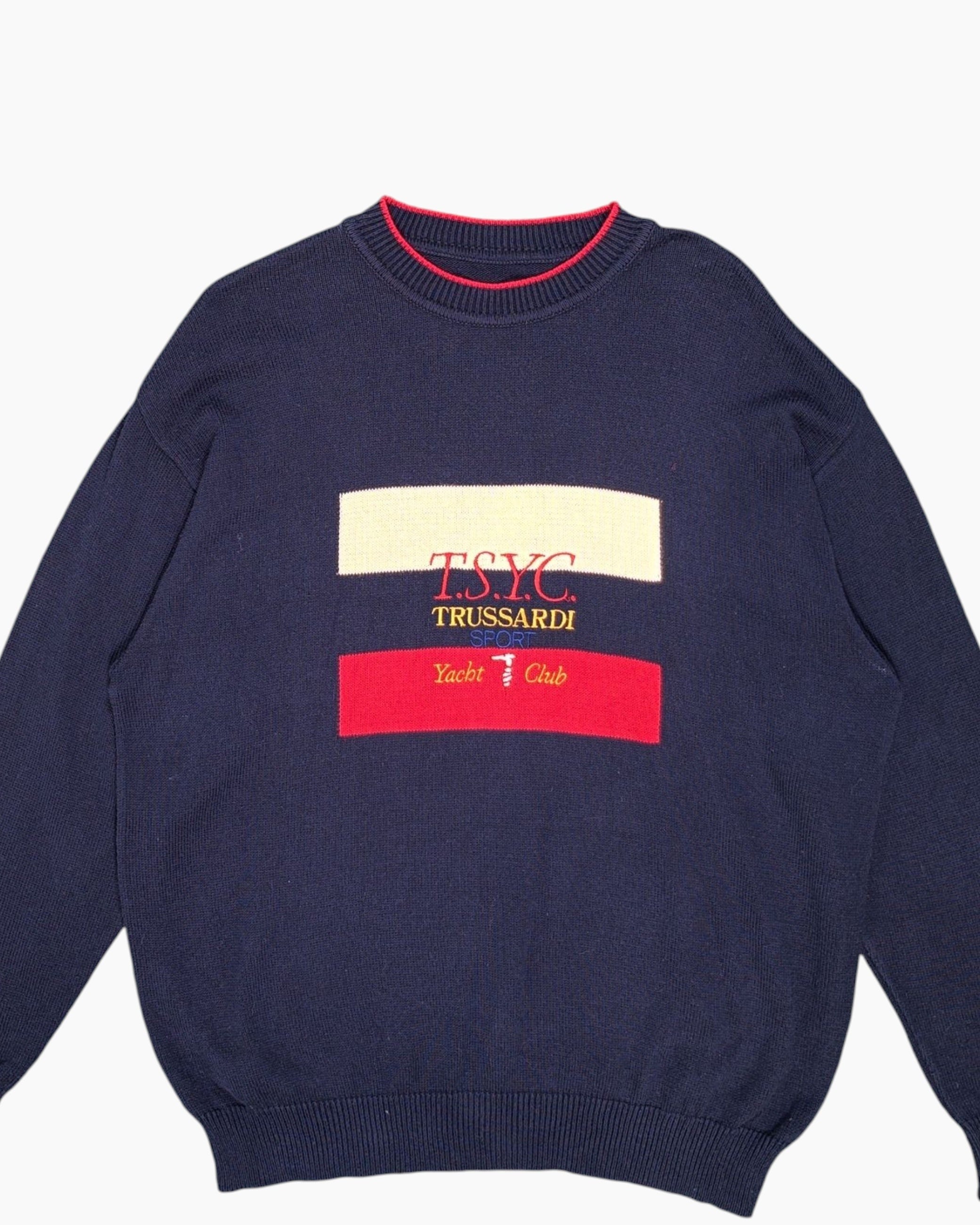Front-detail-1 Vintage 90s Trussardi Pullover Sweater – Navy with Nautical Embroidery