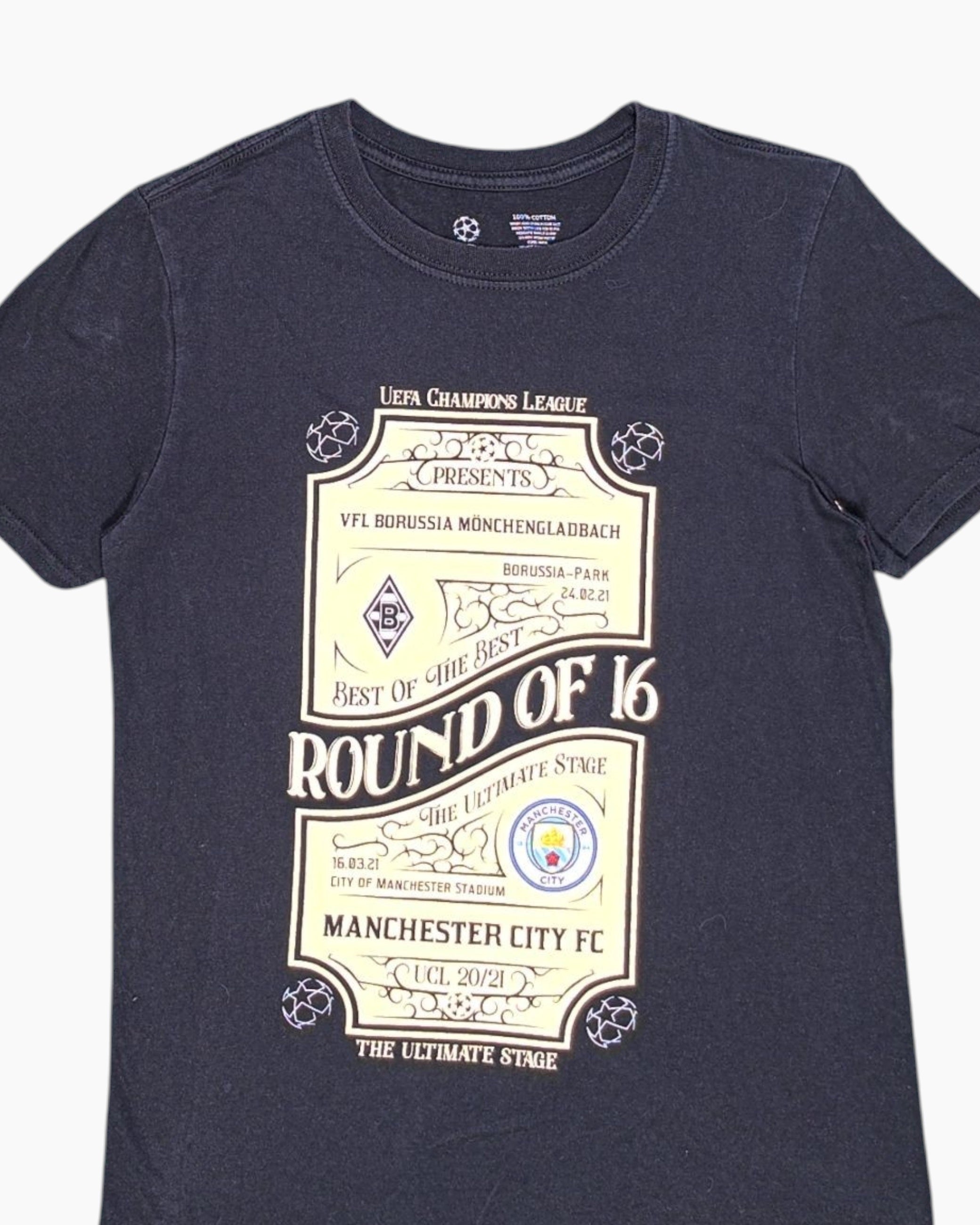 Front-detail-1 Pre-owned UEFA Champions League Graphic T-Shirt – Black Front Print