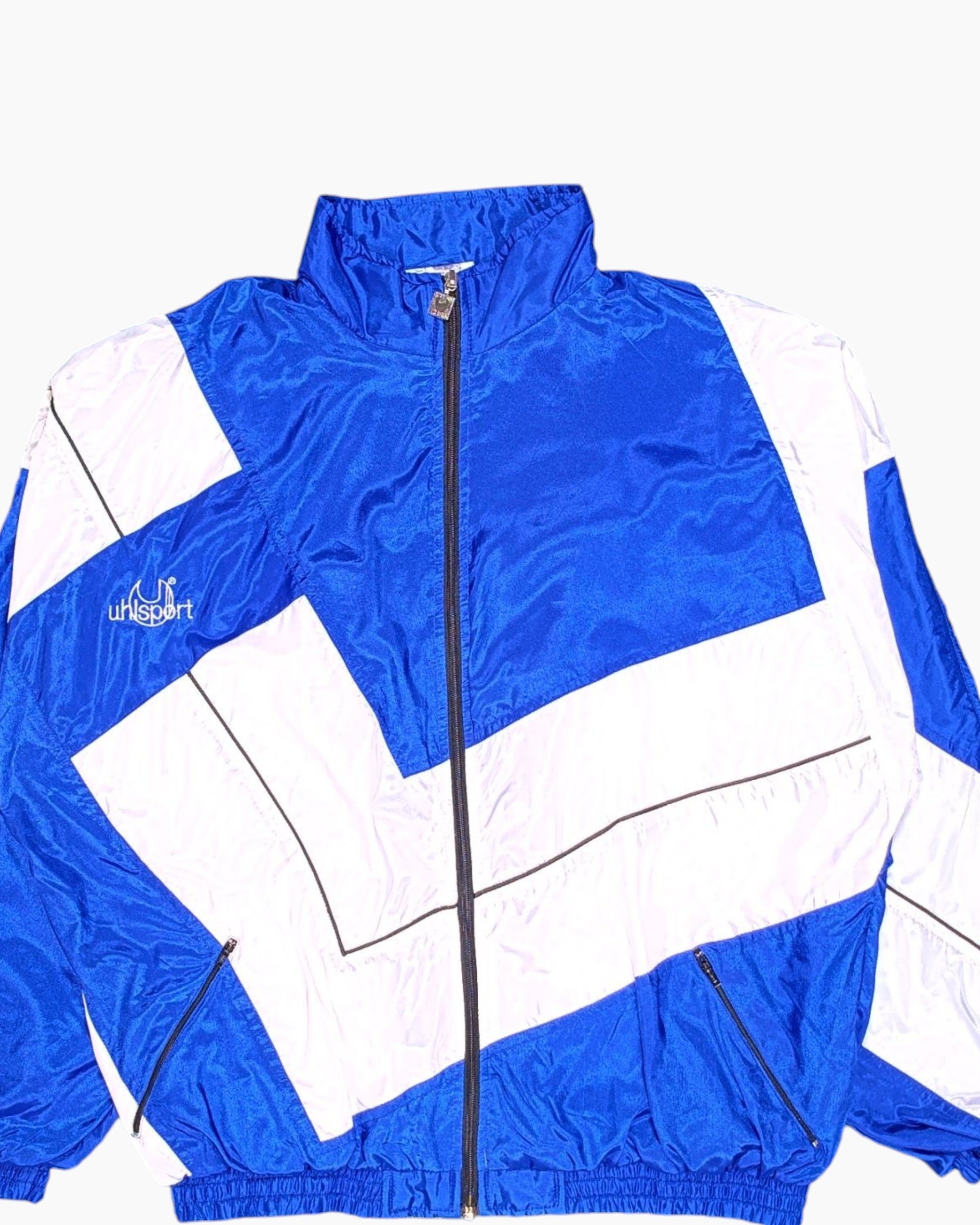 Front-detail-1 Vintage 80s/90s uhlsport Windbreaker Jacket – Blue Contrast Paneling
