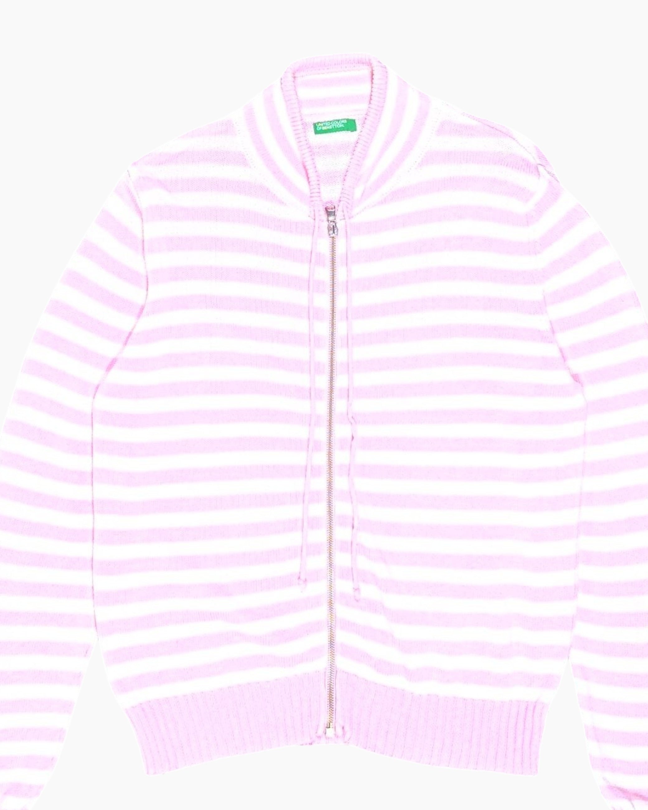 Front-detail-1 Vintage Y2K UNITED COLORS OF BENETTON Zip-up Cardigan – Pink Striped
