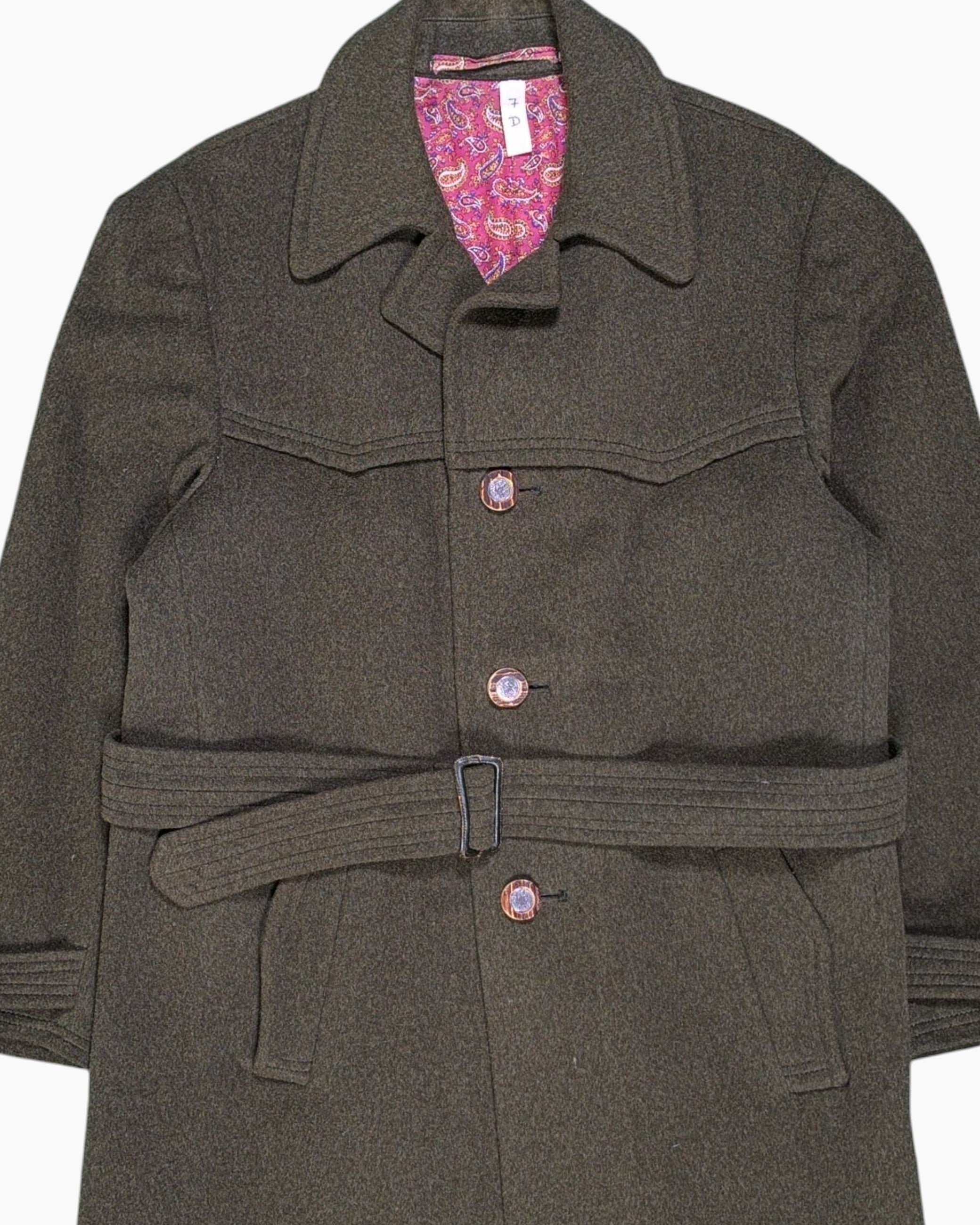 Front-detail-1 Vintage 60s/70s Unknown Belted Coat – Olive Green with Paisley Cuff