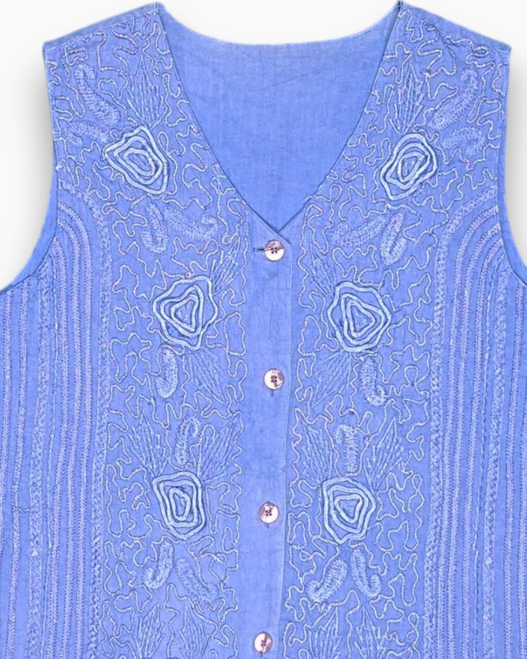 Front-detail-1 Vintage 90s/2000s Unknown Button-Down Sleeveless Top – Blue Floral Embroidery
