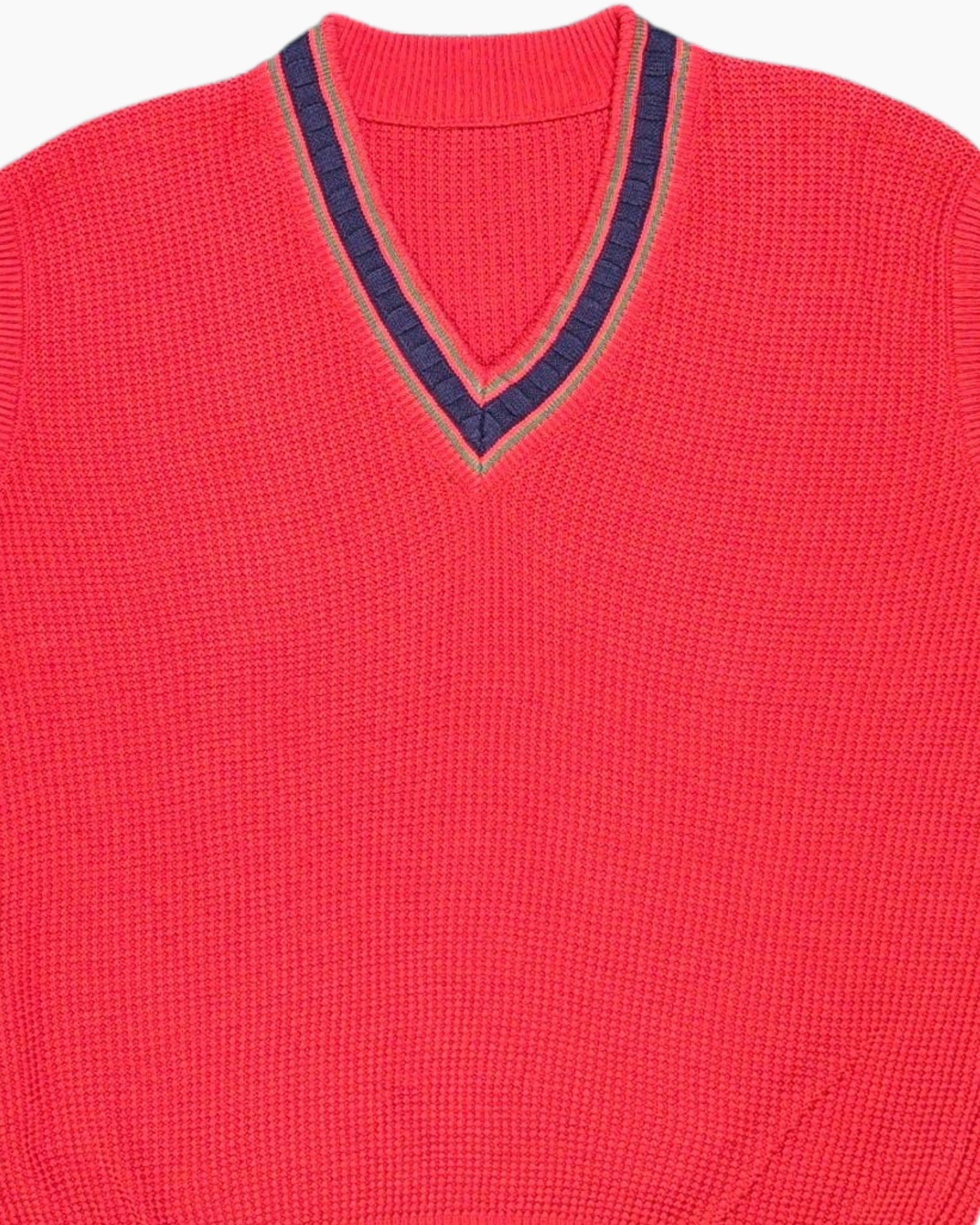 Front-detail-1 Vintage 80s/90s Unknown Knit Sweater Vest – Red Cricket Stripe